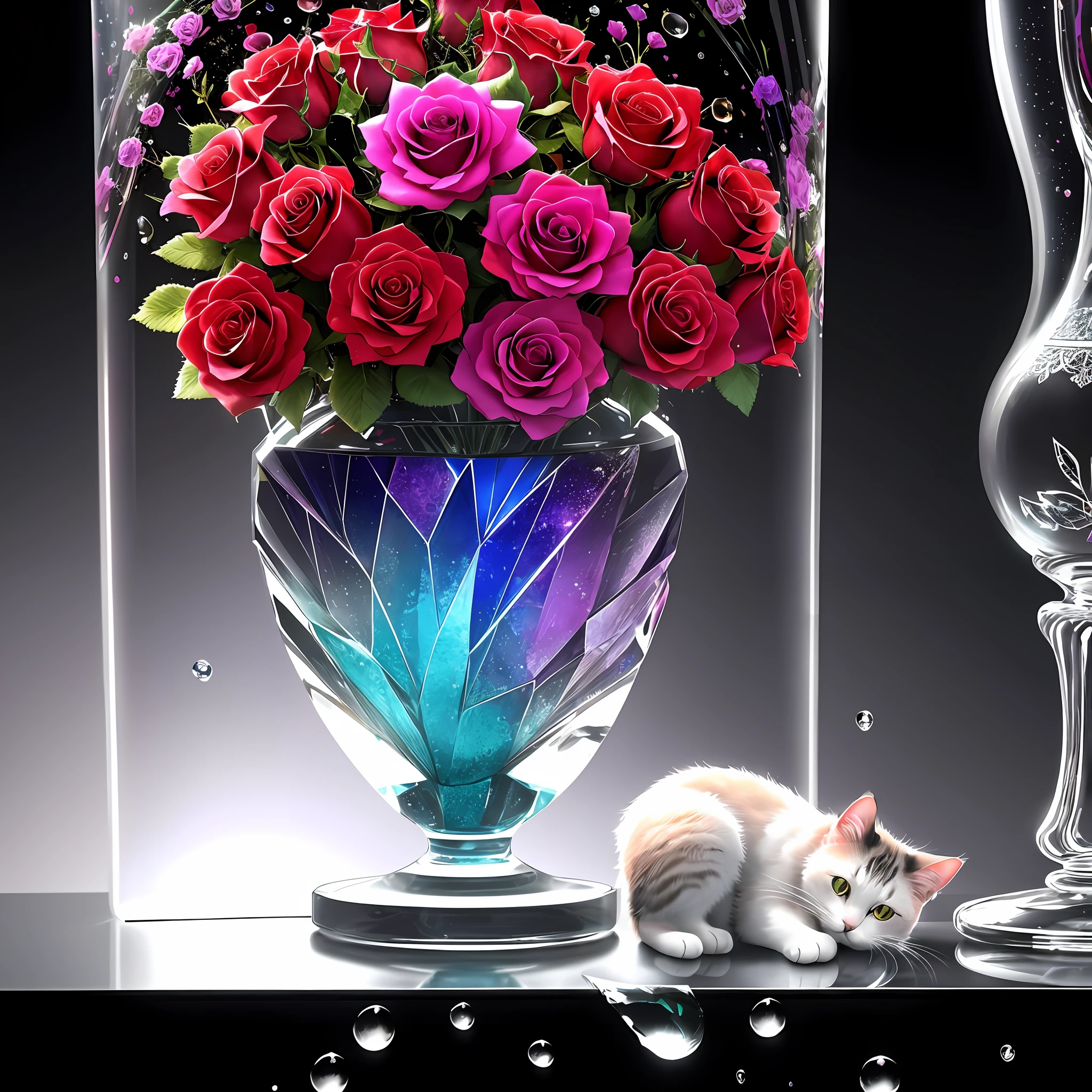 A cute cat is resting in front of a shining crystal glass vase with fractal roses on it. The vase is surrounded by drops of liquid colorful splashing in the air. The art was inspired by Hedi Xandt, a zbrush central contest winner. It is baroque, colorful, and ornate. The vase is made of crystal glass and is decorated with fractal roses. The roses are colorful and are splashing in the air. The cat is cute and is resting in front of the vase.
