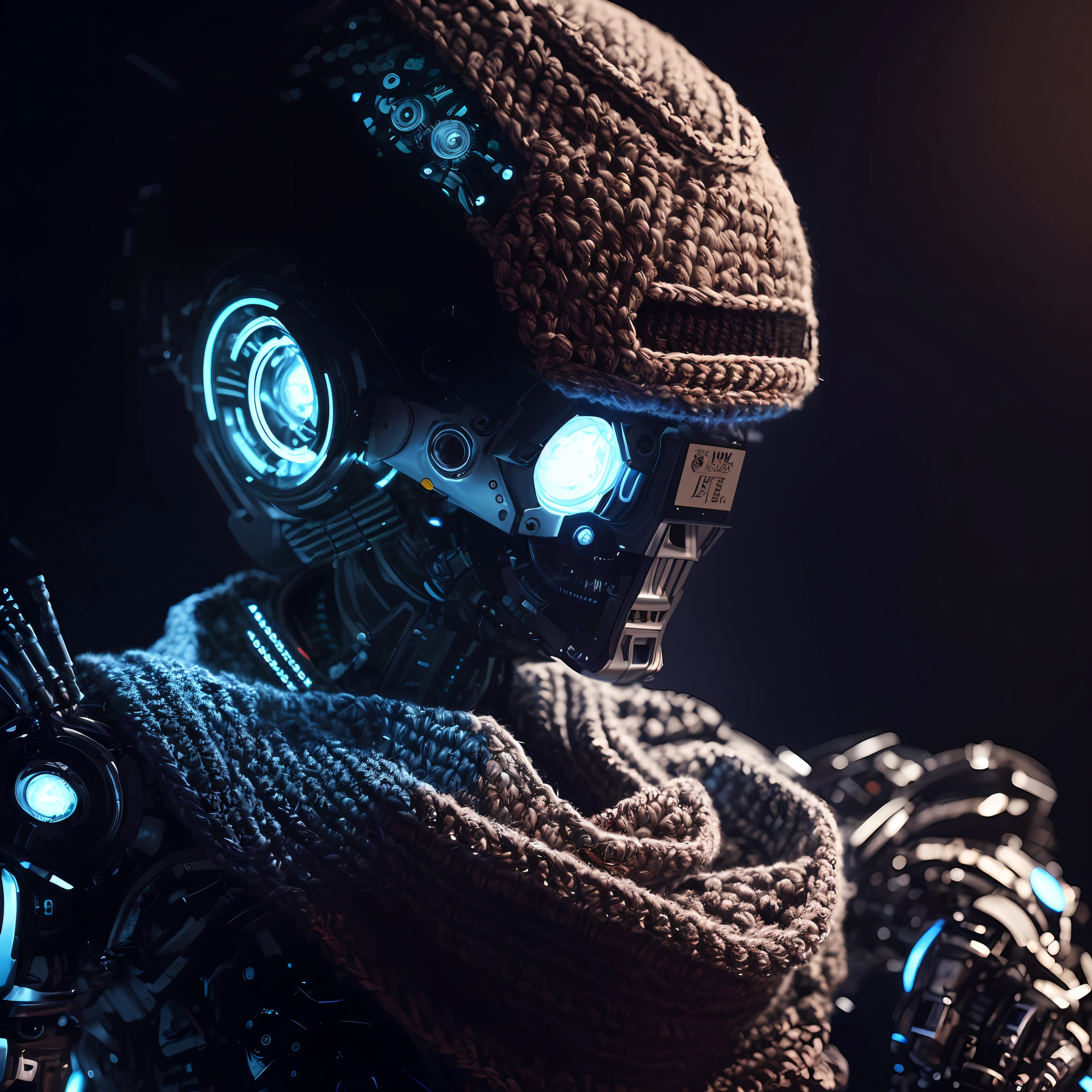 There's a robot with a roche hat and crochet scarf, intricate cyborg, intricate artwork. octane render, 4k highly detailed digital art, hyper detailed digital art, intricate 8k render, cybernetic and highly detailed, detailed humanoid, ultra detailed digital art, ultra detailed digital art, detailed 3d digital art, detailed portrait of a cyborg, cyberpunk robot, fashion photography, fashion