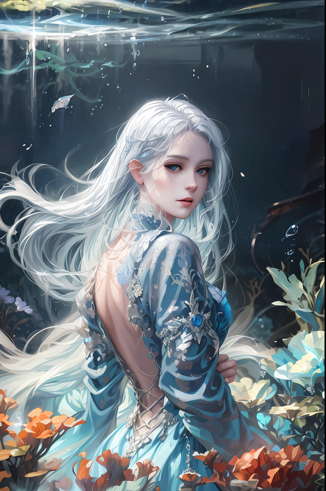 there is a woman with long white hair and blue dress in a garden, fantasy art style, a beautiful artwork illustration, beautiful fantasy art, 4k highly detailed digital art, detailed fantasy digital art, beautiful fantasy art portrait, closeup fantasy with water magic, exquisite digital illustration, beautiful digital artwork, fantasy style art, very beautiful fantasy art, anime fantasy illustration