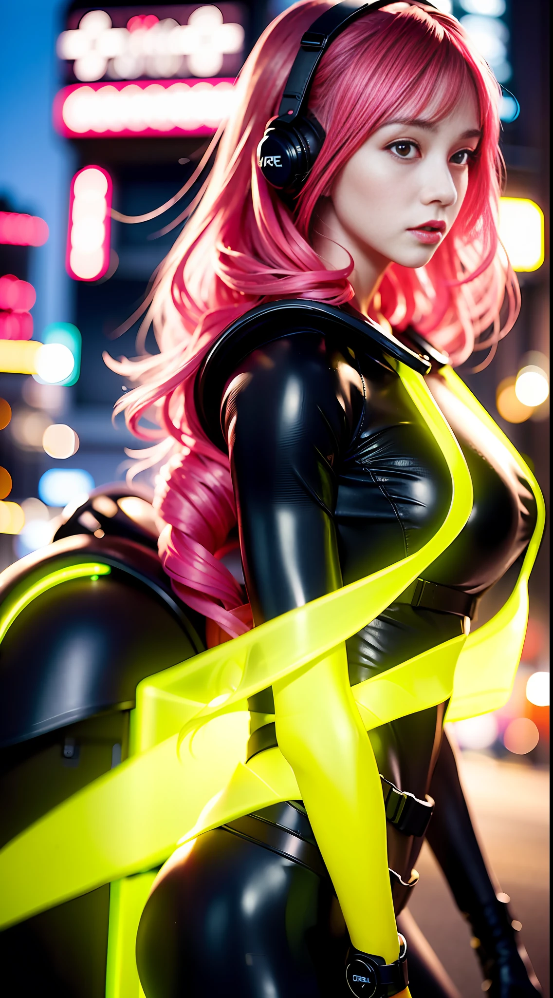 (8k, RAW photo, best quality, masterpiece:1.2), (realistic, photo-realistic:1.37),1girl, wearing free_styles_hightech_jacket, backpack,cityscape, night, wet, professional lighting, photon mapping, radiosity, Korean Doll,torn , medium breasts, free_styles_hoodie_jacket,red,neon green,