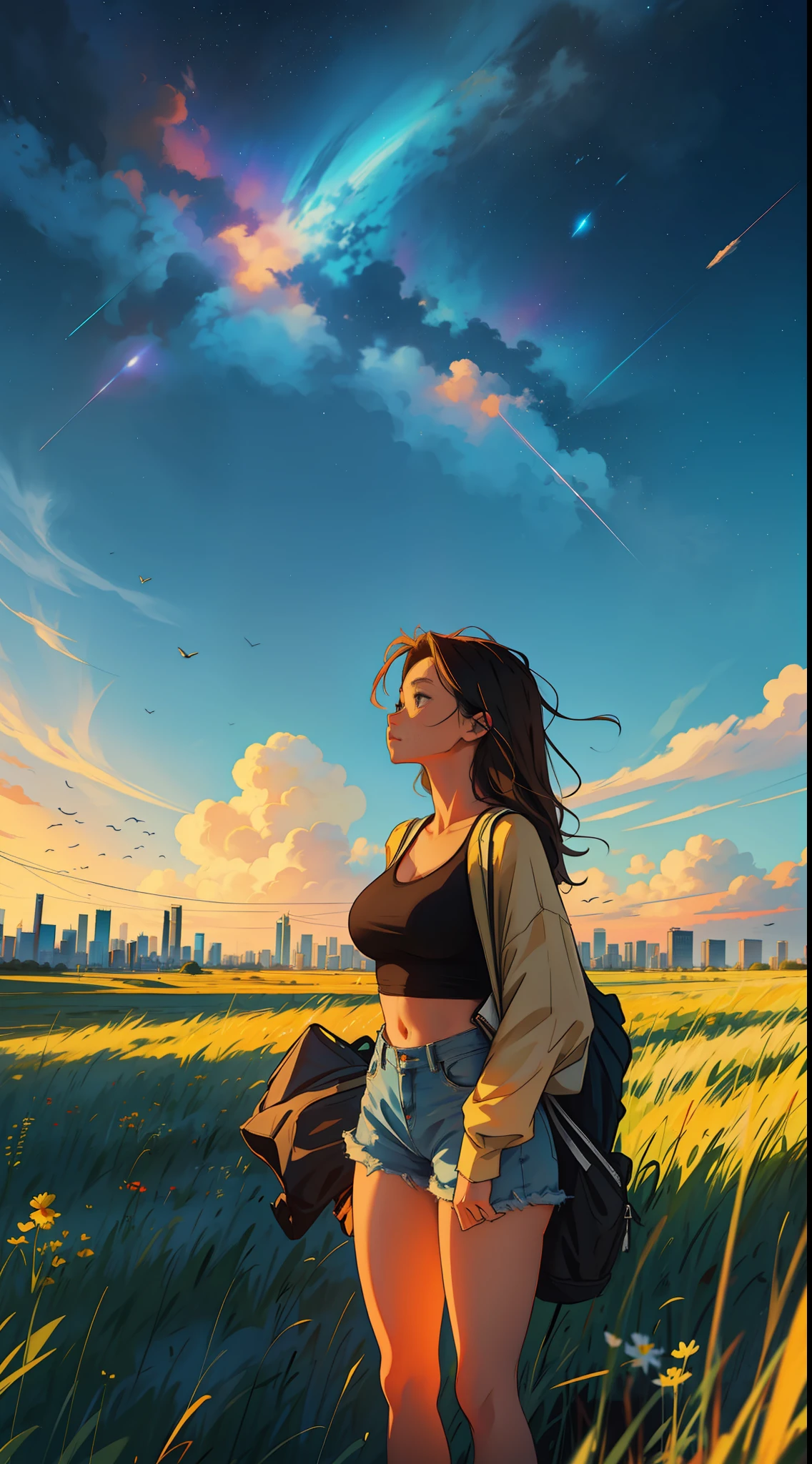 Vast sky, beautiful skyline, large grassland, strong tension and dramatic picture, moving visual effects, hanging North Star, colorful natural light. A girl with long sleeves top, denim shorts, full breasts and hips, and a backpack