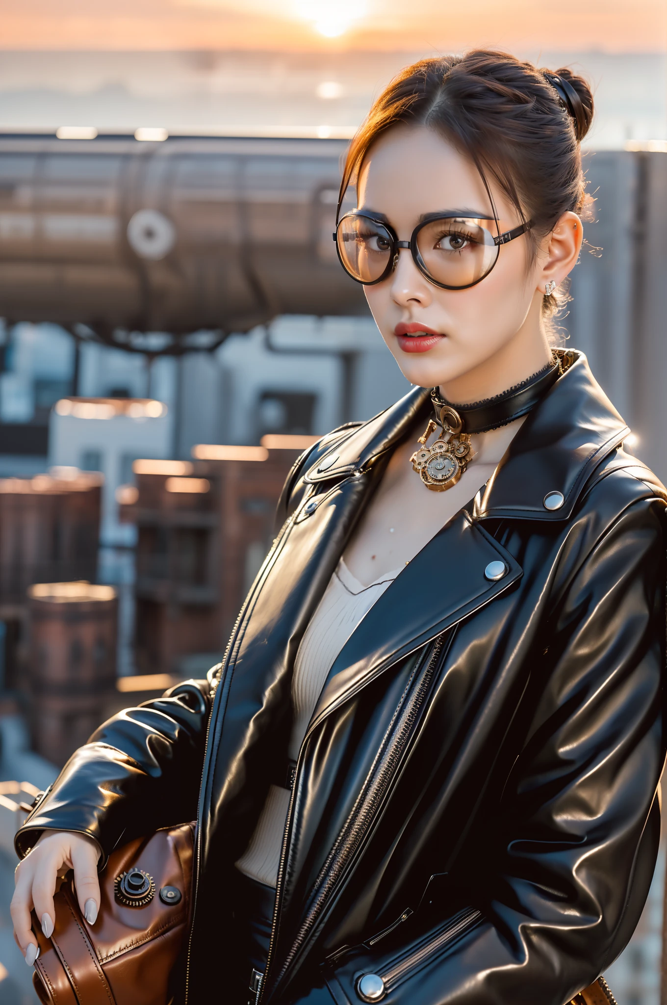 (a detailed portrait RAW photo of a gorgeous beautiful ((Finnish)) , realistic, solo, front view,POV,looking in camera, flirting with the camera,  (masterpiece),(photorealistic:1.3), nfsw, ultra-detailed, (high detailed skin:1.2),(best quality:1.0), (ultra highres:1.0),(by samdoesart, by Antonio J. Manzanedo), fit, back light, GOLDEN HOUR, petite, choker, slim, choker, beautiful, Wearing a stylish leather jacket with intricate gears and goggles,
Hair styled in a voluminous updo with gears and cogs as accessories,
Accessorized with leather gloves and a utility belt with various gadgets,
Posing with one foot on the edge of an airship, looking off into the distance,
Captured from an above view angle,
The scene set in a steampunk-inspired sky filled with floating islands and mechanical contraptions.