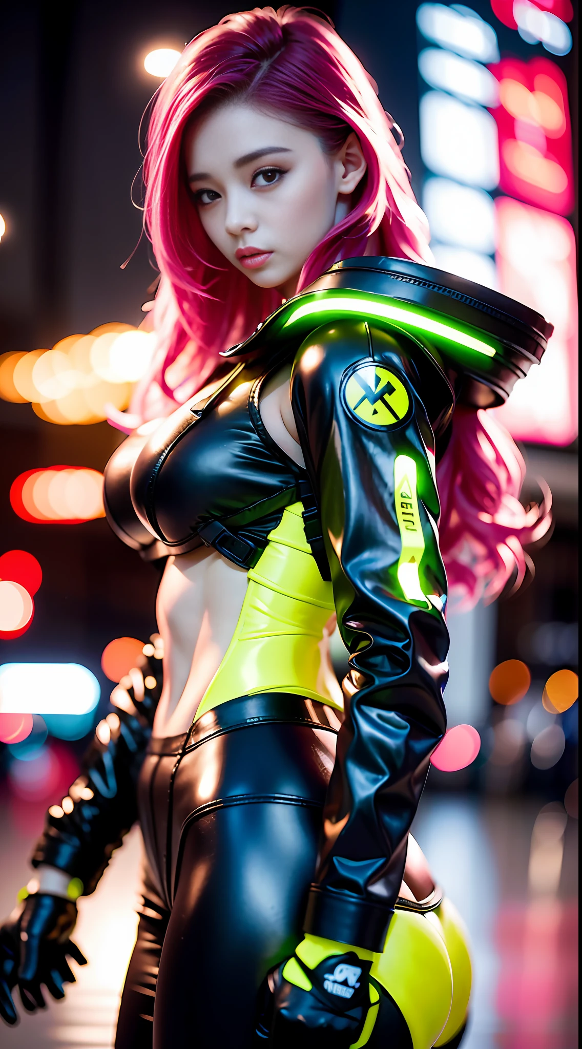 (8k, RAW photo, best quality, masterpiece:1.2), (realistic, photo-realistic:1.37),1girl, wearing free_styles_hightech_jacket, backpack,cityscape, night, wet, professional lighting, photon mapping, radiosity, Korean Doll,torn , medium breasts, free_styles_hoodie_jacket,red,neon green,