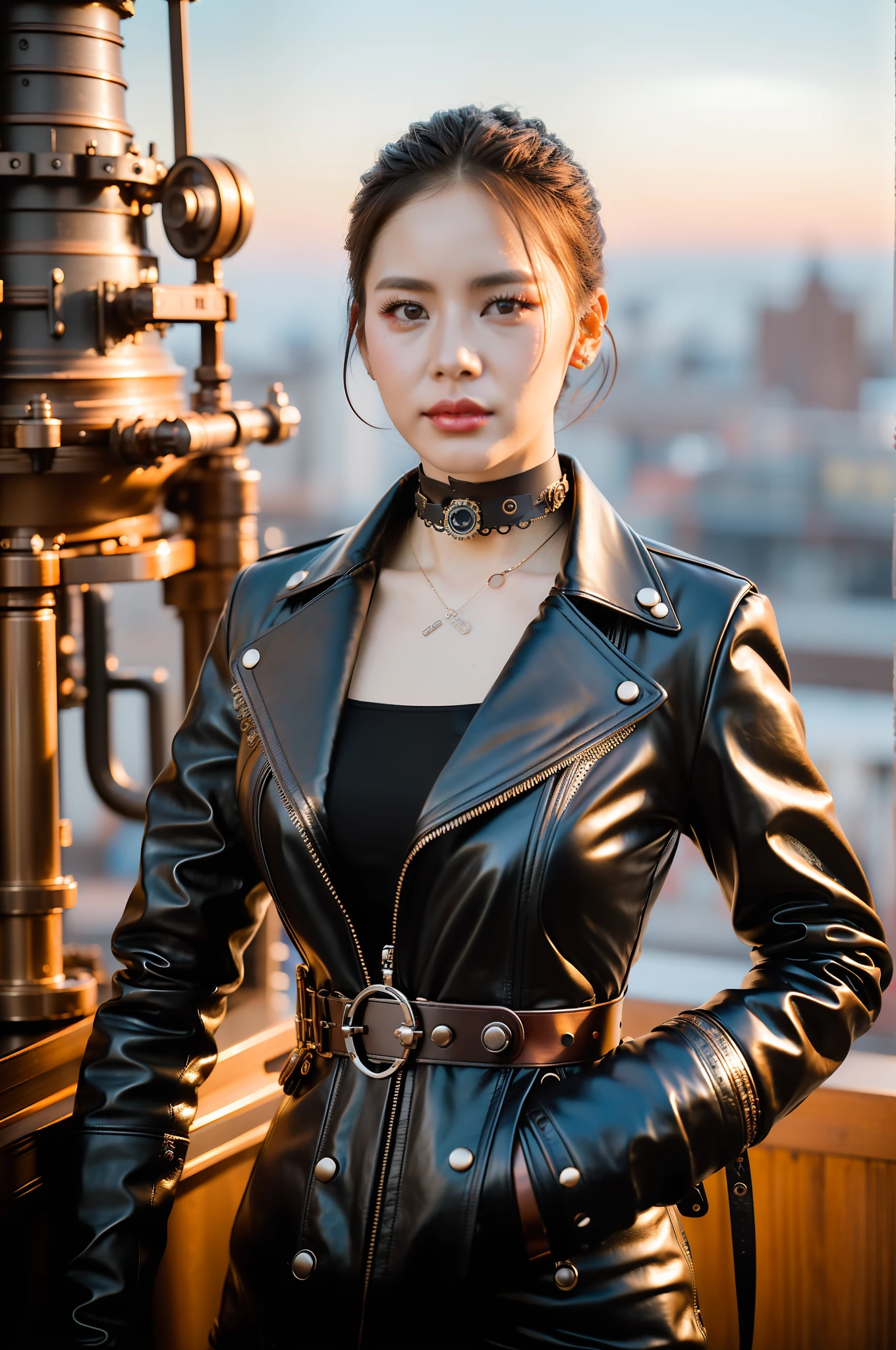 (a detailed portrait RAW photo of a gorgeous beautiful ((Finnish)) , realistic, solo, front view,POV,looking in camera, flirting with the camera, (masterpiece),(photorealistic:1.3), nfsw, ultra-detailed, (high detailed skin:1.2),(best quality:1.0), (ultra highres:1.0),(by samdoesart, by Antonio J. Manzanedo), fit, back light, GOLDEN HOUR, petite, choker, slim, choker, beautiful, Wearing a stylish leather jacket with intricate gears and goggles,
Hair styled in a voluminous updo with gears and cogs as accessories,
Accessorized with leather gloves and a utility belt with various gadgets,
Posing with one foot on the edge of an airship, looking off into the distance,
Captured from an above view angle,
The scene set in a steampunk-inspired sky filled with floating islands and mechanical contraptions.