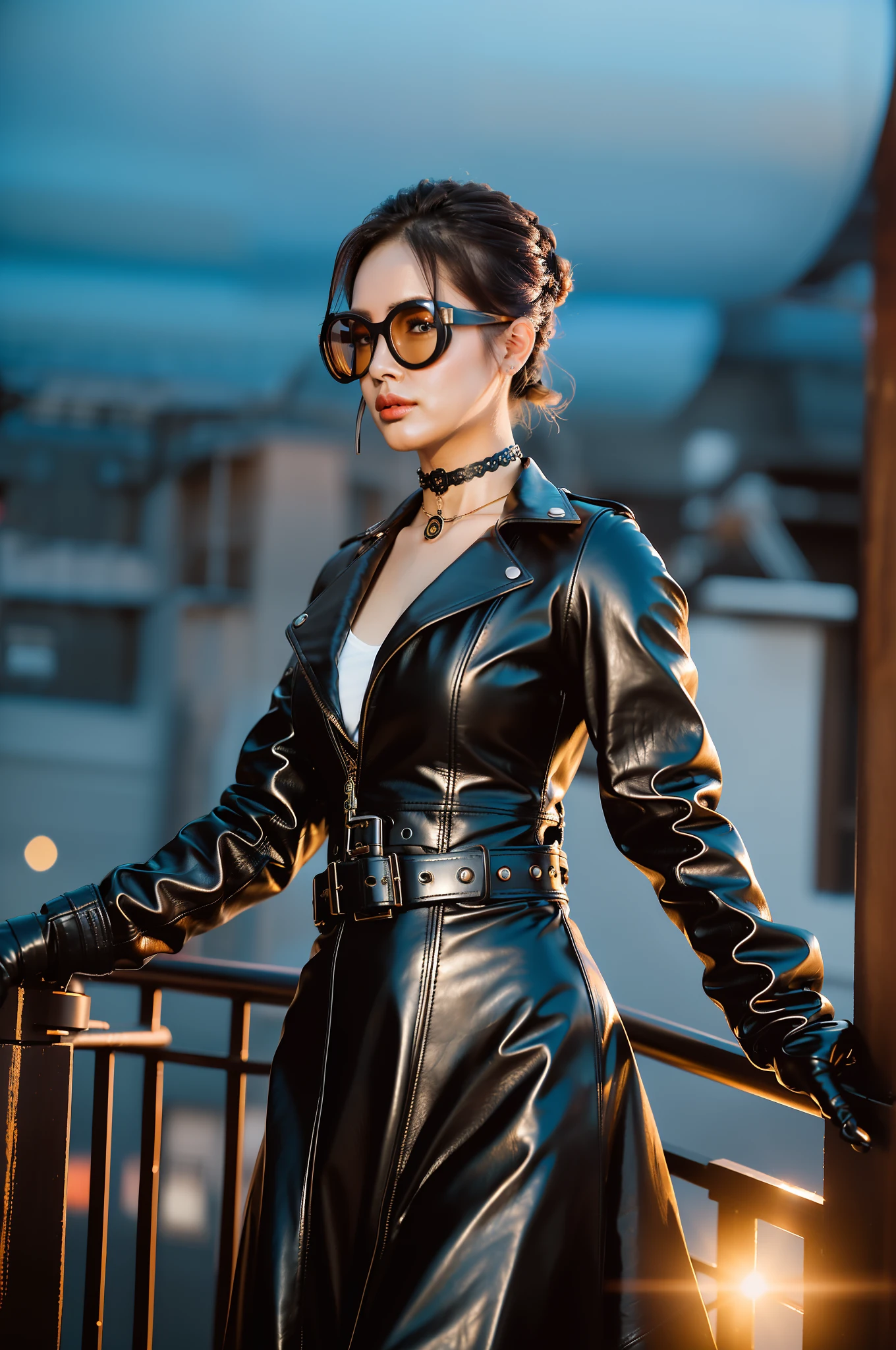 (a detailed portrait RAW photo of a gorgeous beautiful ((Finnish)) , realistic, solo, front view,POV,looking in camera, flirting with the camera, (masterpiece),(photorealistic:1.3), nfsw, ultra-detailed, (high detailed skin:1.2),(best quality:1.0), (ultra highres:1.0),(by samdoesart, by Antonio J. Manzanedo), fit, back light, GOLDEN HOUR, petite, choker, slim, choker, beautiful, Wearing a stylish leather jacket with intricate gears and goggles,
Hair styled in a voluminous updo with gears and cogs as accessories,
Accessorized with leather gloves and a utility belt with various gadgets,
Posing with one foot on the edge of an airship, looking off into the distance,
Captured from an above view angle,
The scene set in a steampunk-inspired sky filled with floating islands and mechanical contraptions.