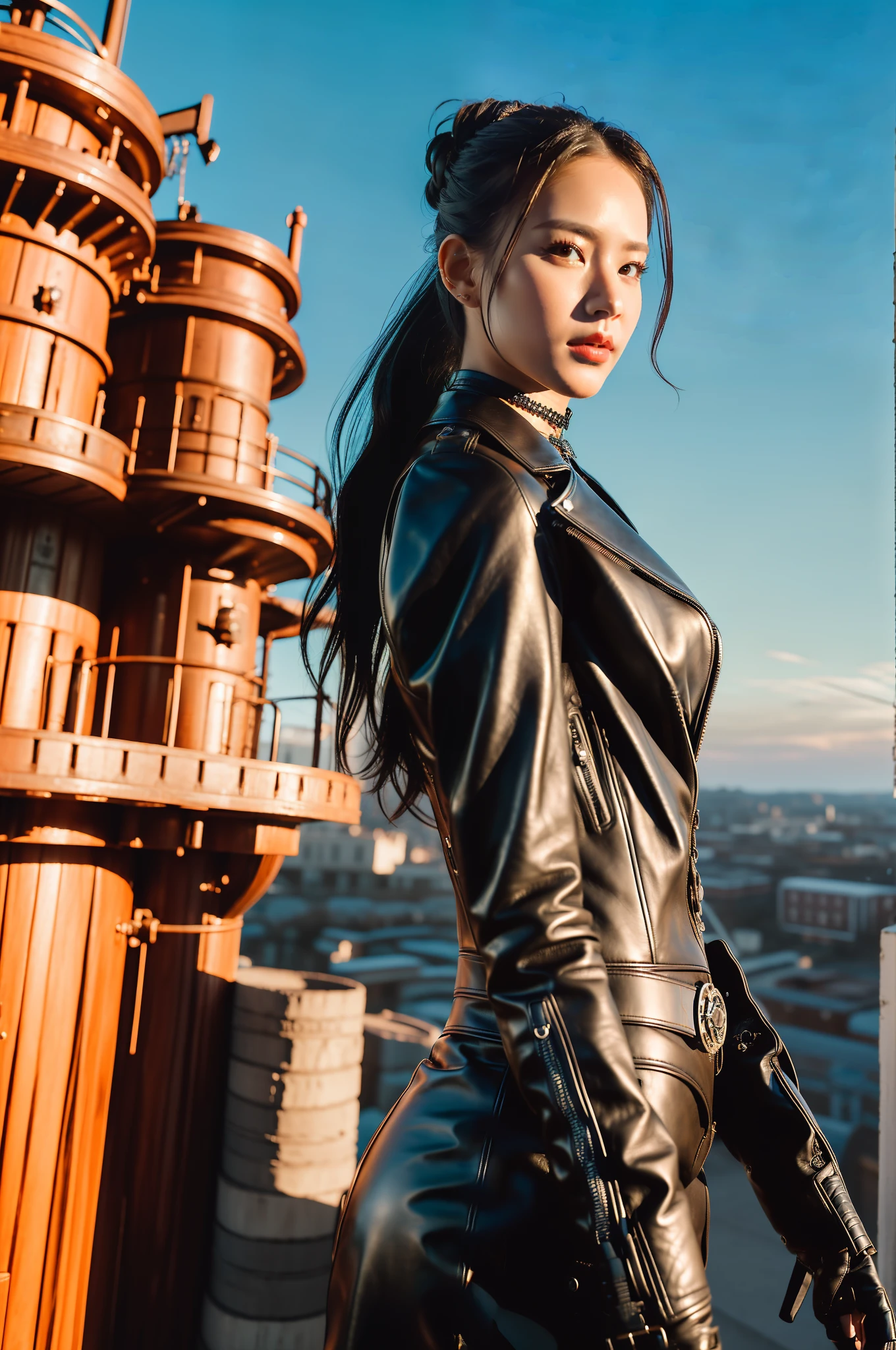 (a detailed portrait RAW photo of a gorgeous beautiful ((Finnish)) , realistic, solo, front view,POV,looking in camera, flirting with the camera, (masterpiece),(photorealistic:1.3), nfsw, ultra-detailed, (high detailed skin:1.2),(best quality:1.0), (ultra highres:1.0),(by samdoesart, by Antonio J. Manzanedo), fit, back light, GOLDEN HOUR, petite, choker, slim, choker, beautiful, Wearing a stylish leather jacket with intricate gears and goggles,
Hair styled in a voluminous updo with gears and cogs as accessories,
Accessorized with leather gloves and a utility belt with various gadgets,
Posing with one foot on the edge of an airship, looking off into the distance,
Captured from an above view angle,
The scene set in a steampunk-inspired sky filled with floating islands and mechanical contraptions.