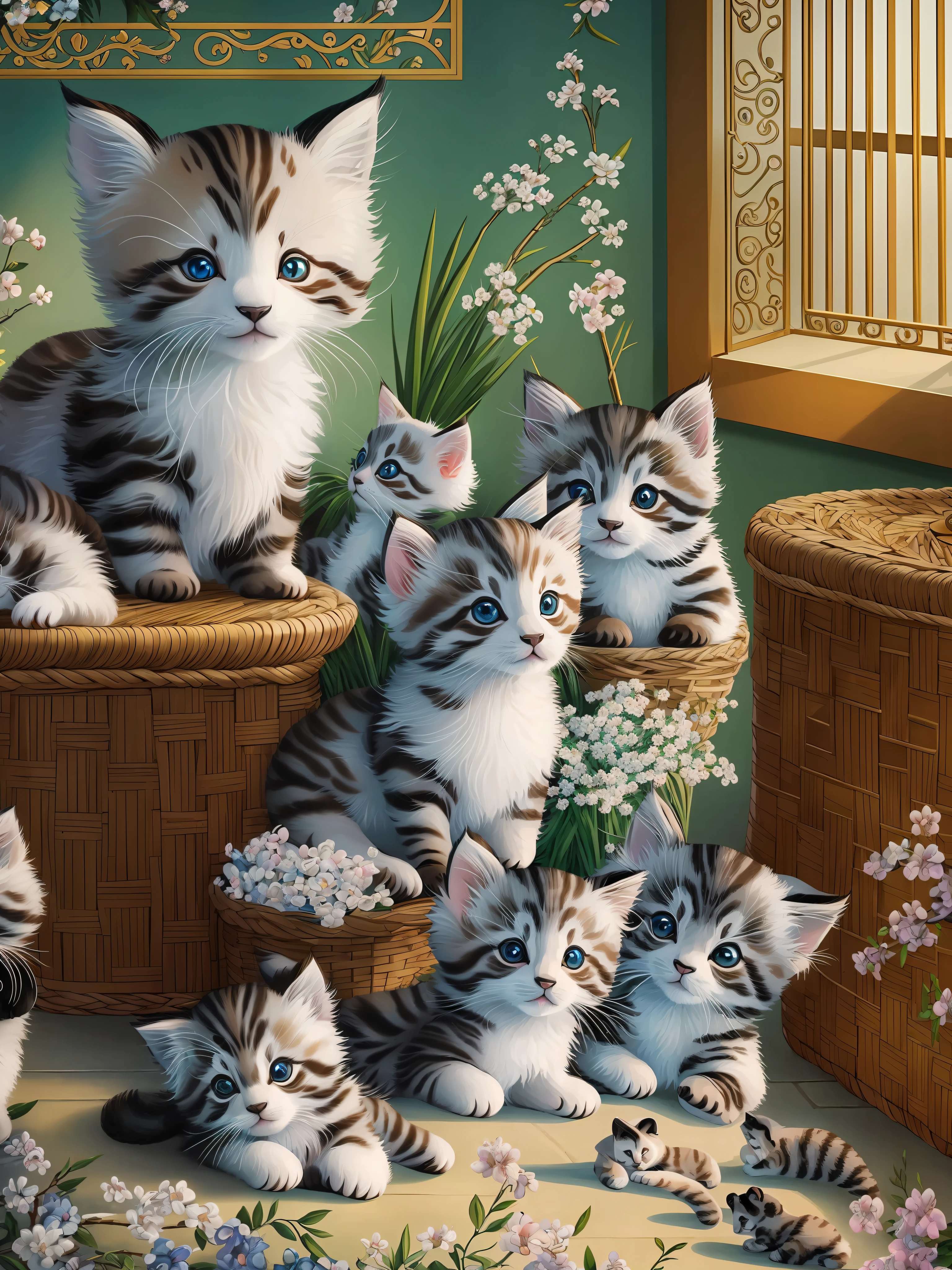 ((Best Quality)), ((Masterpiece)), (detailed), Enchanting Diamond Painting, Whimsical Animals, (Naughty Kittens of Various Breeds:1.2), (Curious Panda)