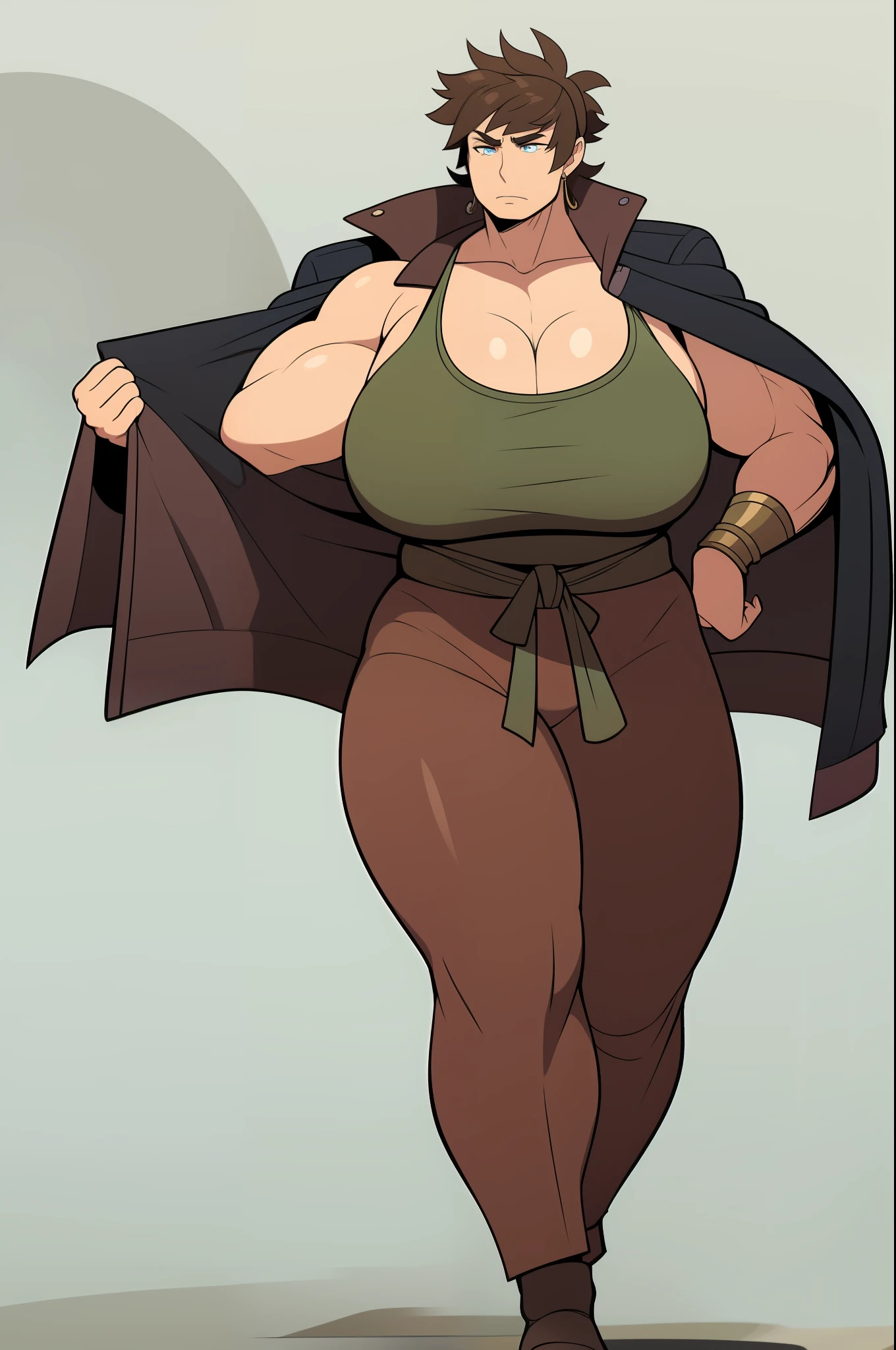 muscular girl, huge chest, jacket, portrait, walking, warrior, barbarian, goddess, 1character,,full body, coat, monk