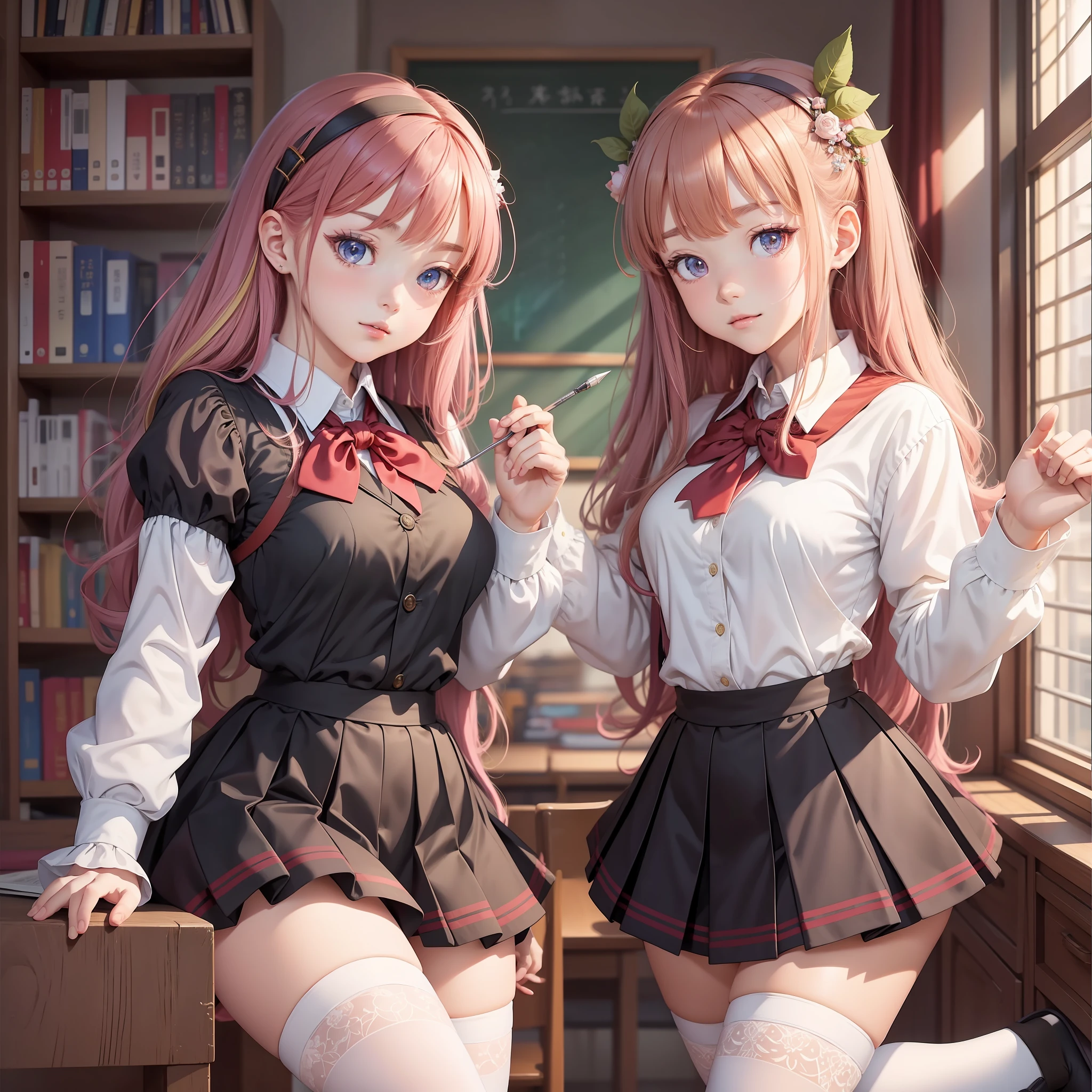 very high image quality, high quality, masterpiece, exquisite, 16k, anime, manga, illustration, fantasy, many cute girls, group shot, school uniform , knee high socks, colorful