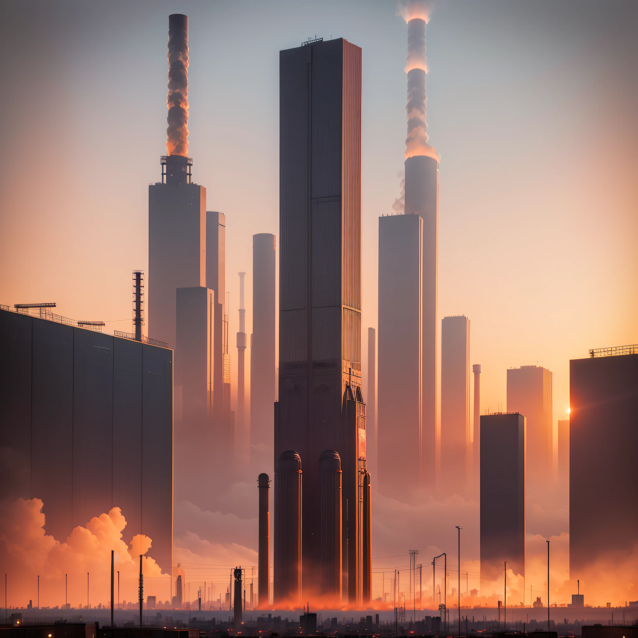 Cityscape of Temirtau at dusk, a towering and proud industrial landscape amid a smog-ridden, polluted world. Steel structures and metal factories dominate the skyline, casting a haunting silhouette against the orange-pink sky. Vibrant, rusted hues emanate from the factories, casting a warm and unsettling glow on the otherwise bleak environment.