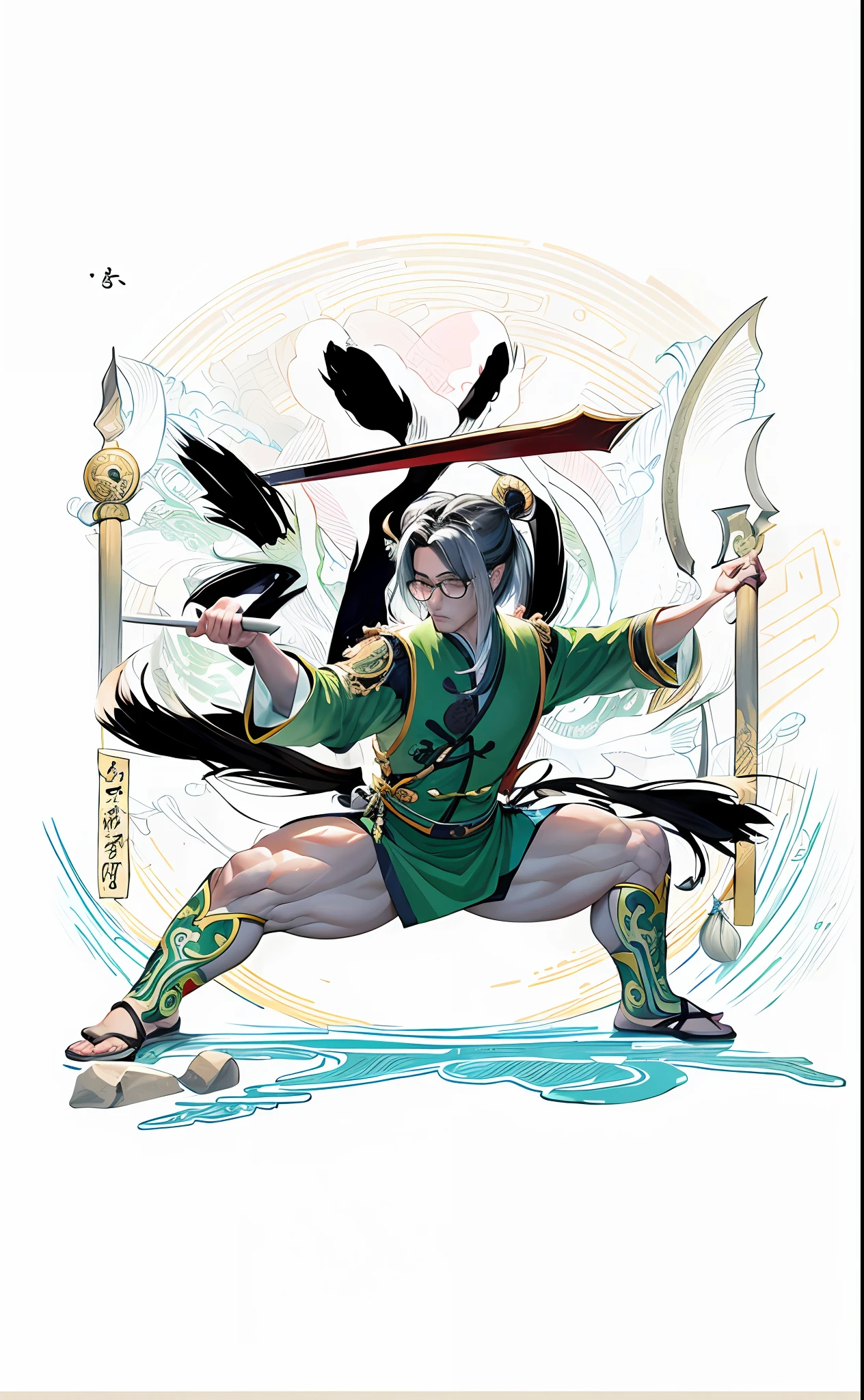 Masterpiece, best quality, realistic , a male Taoist priest, wearing glasses, practicing martial arts, (strong thighs: 1.3), in the background is a calligraphy written Daoji, left spear, right green dragon moon knife