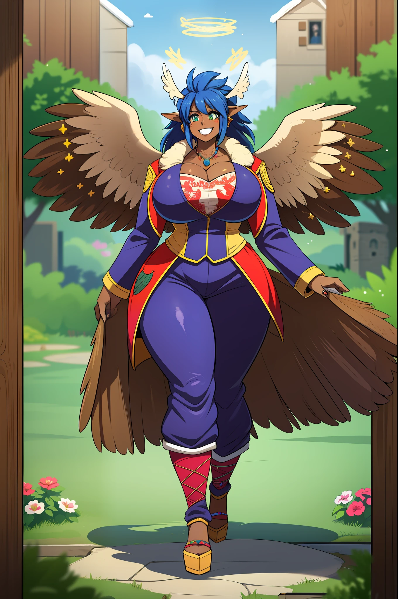 monster girl, dark-skinned woman, big chest, wings, happy,, coat jacket, pants, portrait, 1character, full body, walking, long dress, medieval, village, farm, angel halo, forest,