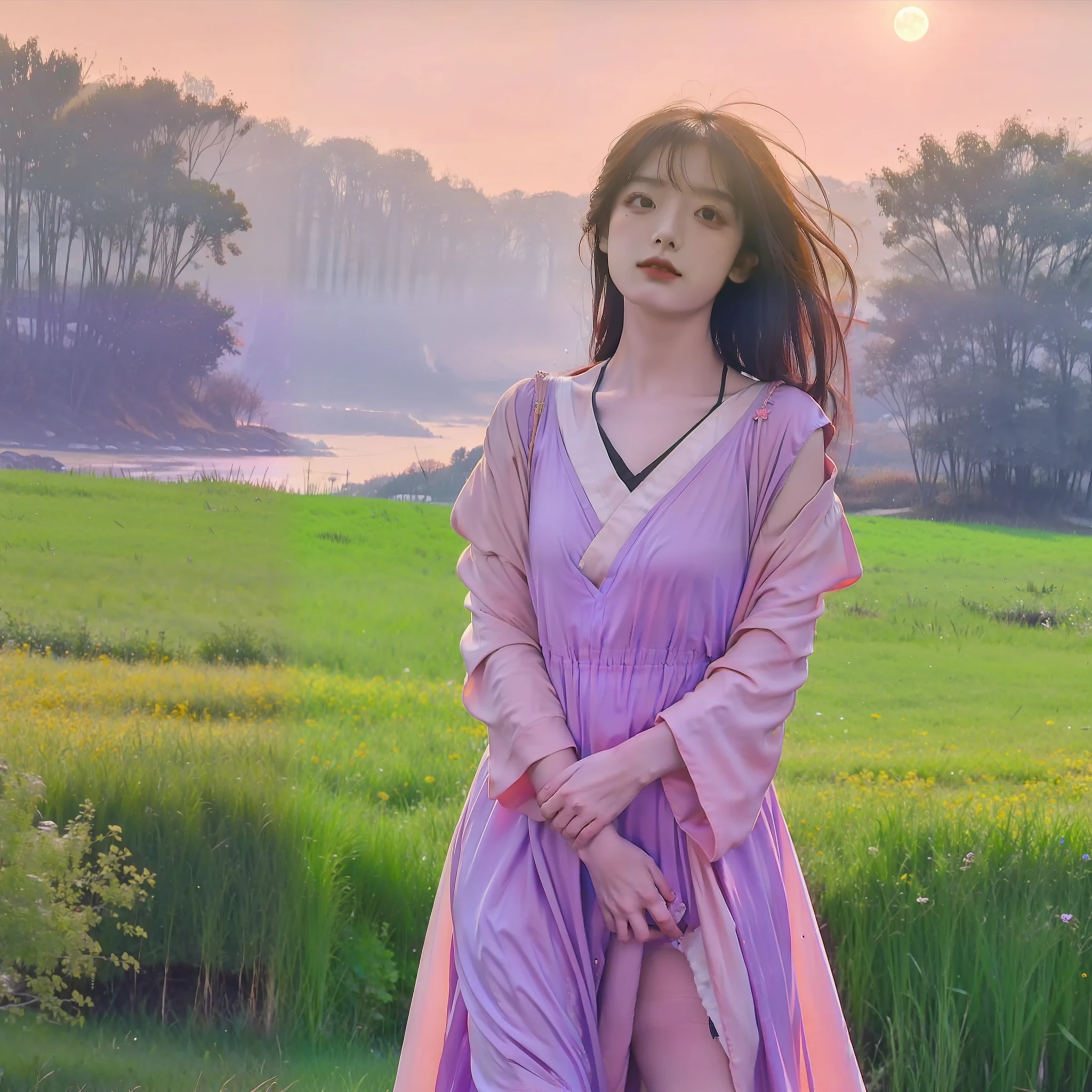 Vast landscape photos, (from below, the sky above, open fields below), a girl standing on a flower field looking up, (Full Moon: 1.2), (Meteor: 0.9), (Nebula: 1.3), Distant Mountains, Trees BREAK Making Art, (Warm Light Source: 1.2), (Firefly: 1.2), Lights, Lots of Purple and Orange, Intricate Details, Volume Lighting BREAK (Masterpiece: 1.2), (Best Quality), 4K, Ultra Detailed, (Dynamic Composition: 1.4), Detailed, Colorful, (Iridescent: 1.2), (Glow, Atmospheric Lighting), Dreamy, Magical, (Solo: 1.2), Slip Dress, Hanfu