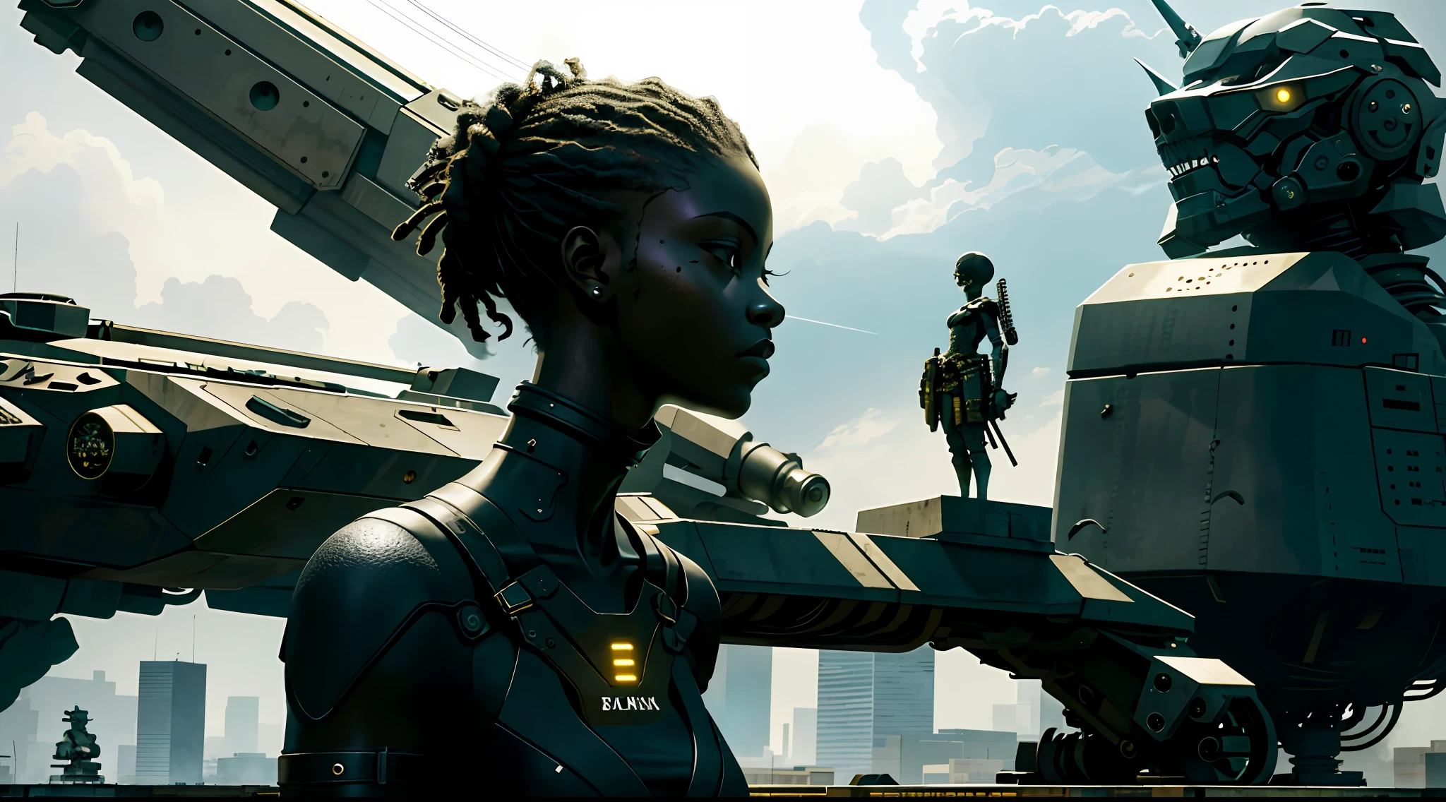 Ebony girl against the Machine, a young ebony girl. A military prodigy, utterly ruthless, reached the height of power. She stood atop a massive concrete platform, encircled by gigantic and ominous statues of war machines and soldiers, surveying the vast expanse of Machine. The atmosphere was charged with a blend of fear and admiration as her loyal subordinates gazed up at her with reverence. The lighting was dim and sombre, with razor-sharp shadows cast by the sculptures and the faint radiance of streetlights. This ebony girl was illuminated by a solitary spotlight, accentuating her fierce countenance.