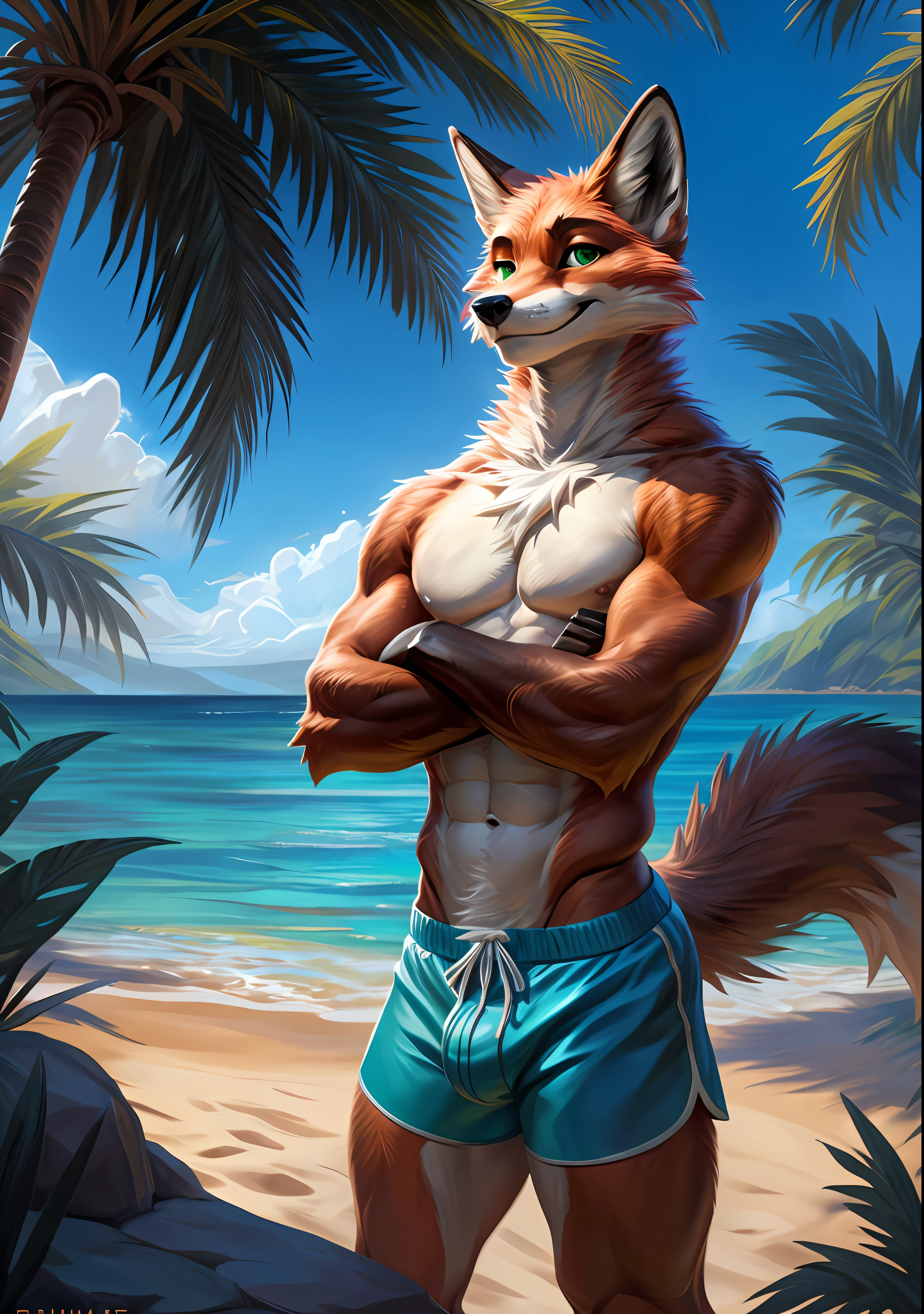 4k, high resolution, best quality, masterpiece, perfect colors, perfect shadows, perfect lighting, posted on Rule 34, furry, anthro, furry art, ((portrait)), male fox, red fox, red colored fox, (two-toned fur), furry body, majestic green eyes, alluring look, (crossed arms:1.2), fit body, perfect masculine body, ((wearing swimming shorts with summer pattern)), summer clothing, (topless), shirtless, visible abs, (wear silver aviators), ((looking at viewer)), male genitalia, (genitalia overflow), ((genitalia erection)), (detailed fur), (detailed face), perfect proportions, on beach, (standing up), detailed background, sand beach, seaside, daylight, cozy environment, tropical island, ((Bonifasko lighting)), fox tail, fluffy, fluffy tail, (detailed eyes), perfect pupils, (erection), (nsfw:1.5), circumcised genitalia, (by Chunie), (by Pixelsketcher), FurAffinity post