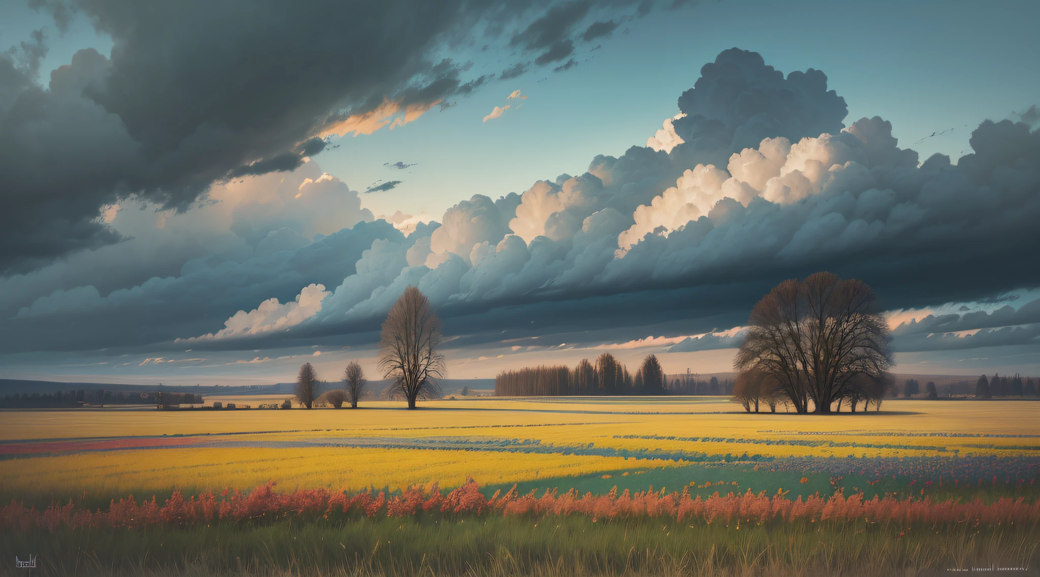 Painting of a field with several trees and sky, Igor Kiriluk, beautiful oil matte painting, inspired by Igor Kiriluk, surrealist landscapes, beautiful landscapes, Andrei Ryabovchev, Andrei Esionov, Russian landscapes, Grzegozh Rutkovsky, Ilya Ostrokhov, surrealist landscapes --auto --s2