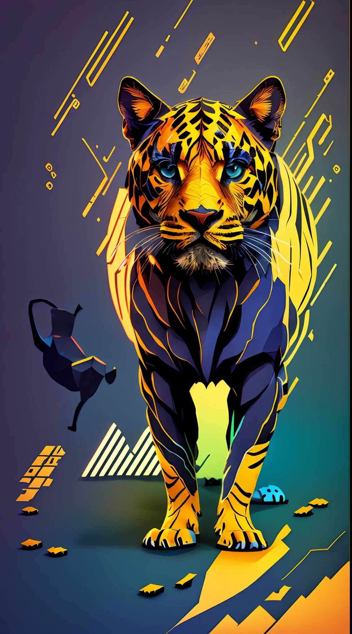 a silhouette design of 1panthera, 3D vector art, beautiful and quirky, bold bright color, black background, blue, yellow and orange colors, digital painting, low-poly, panoramic view, isometric style, retro aesthetic, character-focused, 8k resolution, photorealistic rendering, using 4D Cinema, front side.