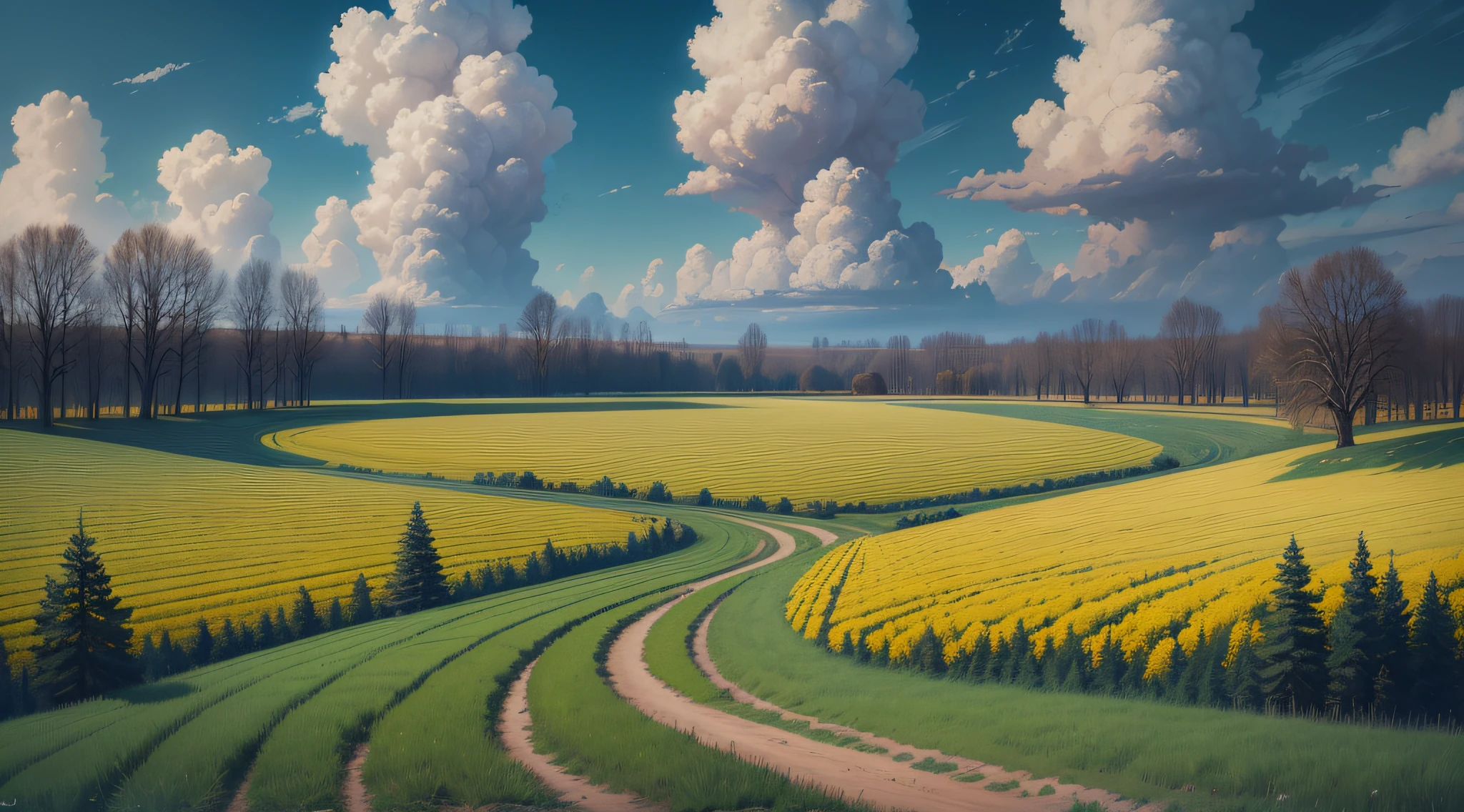 Painting of a field with several trees and sky, Igor Kiriluk, beautiful oil matte painting, inspired by Igor Kiriluk, surrealist landscapes, beautiful landscapes, Andrei Ryabovchev, Andrei Esionov, Russian landscapes, Grzegozh Rutkovsky, Ilya Ostrokhov, surrealist landscapes --auto --s2