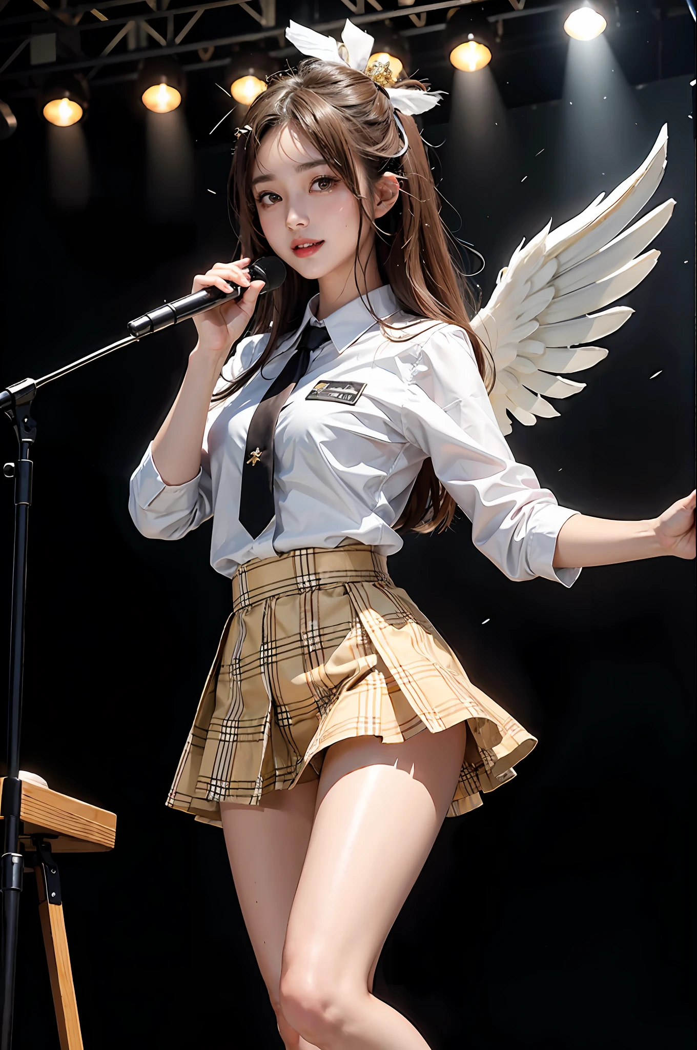 Masterpiece, best picture quality, one beautiful girl, detailed eyes, swollen eyes, brown hair, long hair, fair skin, cute, cute legs, short skirt, Japanese woman, Asian beauty, moonlight, strong eyes, professional lighting, bright lighting, double eyelids, slender, Japanese woman, Asian beauty, idol, Checked jacket, short checked skirt, ribbon shaped tie, smile, sweat, fresh, live stage, hair ornament, Japanese idol costume, idol audition, sparkly costume, angel wings,