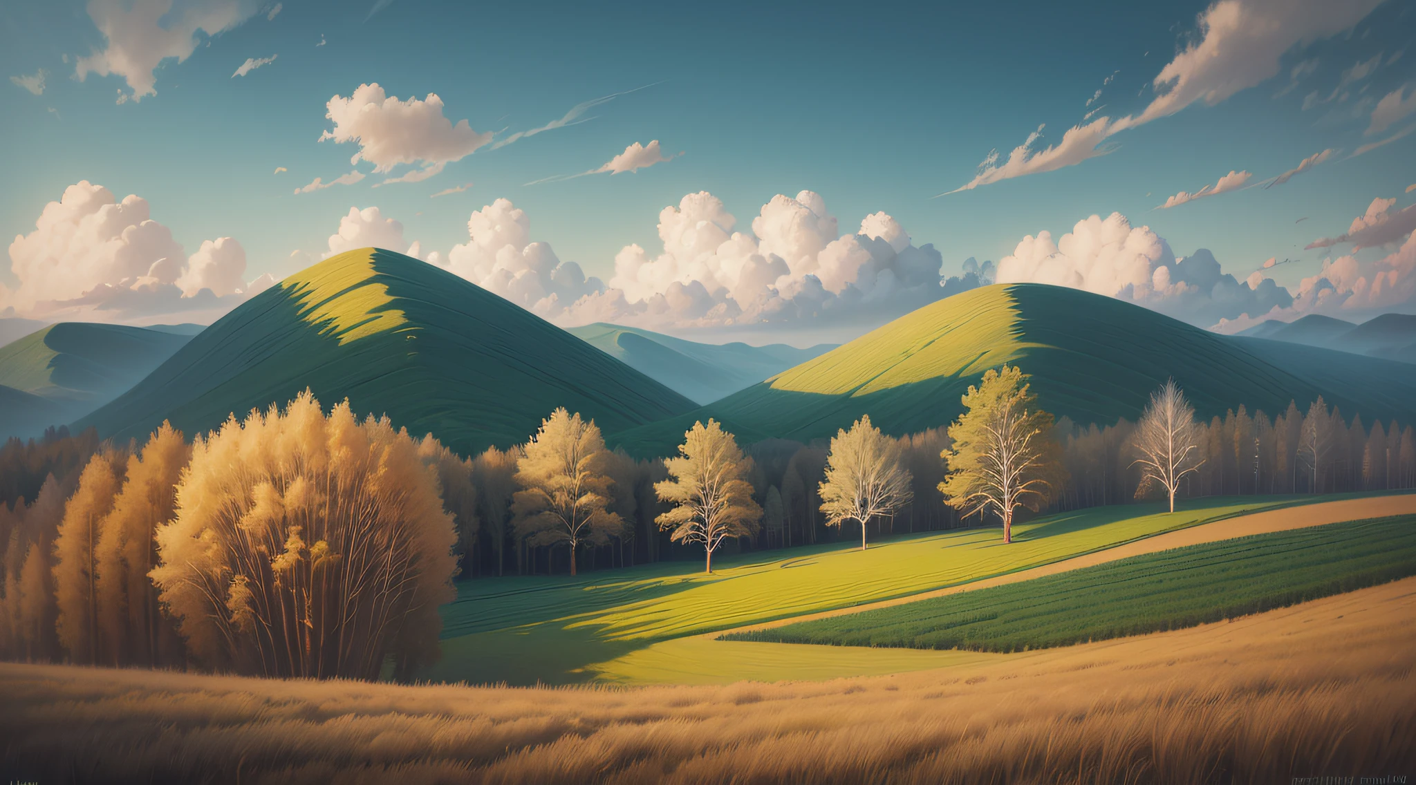 Painting of a field with several trees and sky, Igor Kiriluk, beautiful oil matte painting, inspired by Igor Kiriluk, surrealist landscapes, beautiful landscapes, Andrei Ryabovchev, Andrei Esionov, Russian landscapes, Grzegozh Rutkovsky, Ilya Ostrokhov, surrealist landscapes --auto --s2