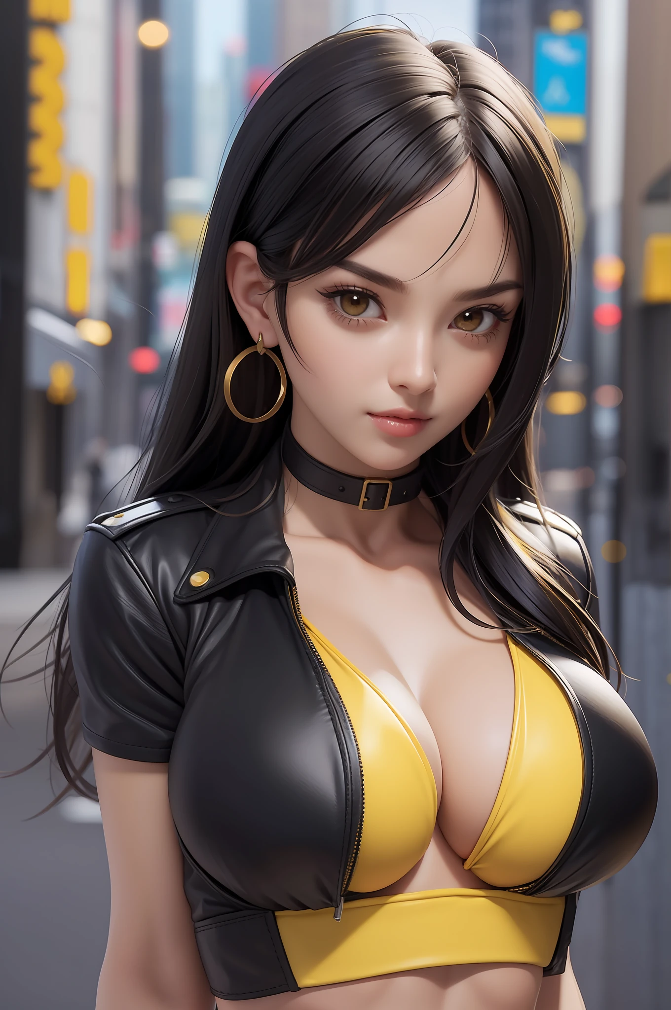 masterpiece, best quality,3d rending work ,3DMM style,close-up, 3D,1girl, solo, black hair, teardropshaped earrings, realistic, upper body, urban city background, bangs, long straight black hair, parted lips, choker, makeup, (yellow bikini:1.3), red eyes, tifa lockhart, (medium perky breasts:1.5) torpedo breasts, retrousse breasts, cleavage, exposed stomach, toned abs, toned arms,