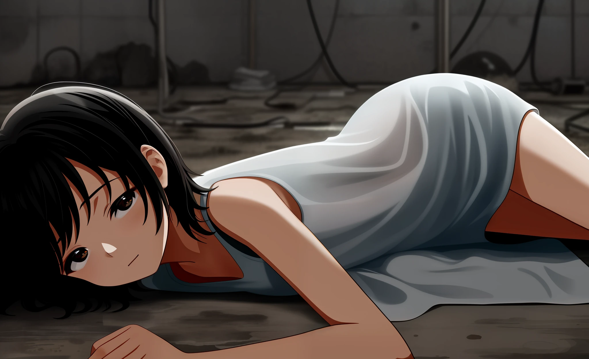 An image featuring a girl lying on the dirty and dusty floor of a basement. The focus of the image is on her as she begins to open her eyes. She is wearing a simple, short white dress and has short black hair