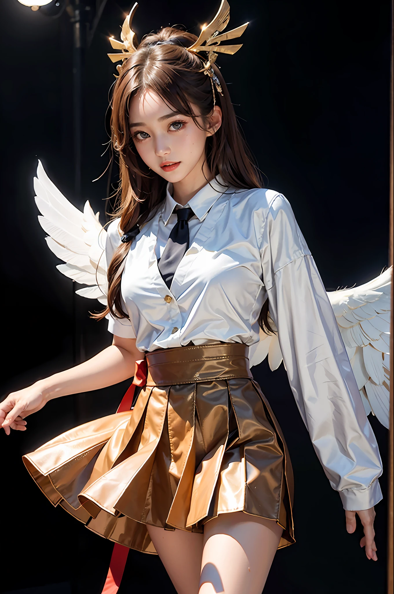 Masterpiece, best picture quality, one beautiful girl, detailed eyes, swollen eyes, brown hair, long hair, fair skin, cute, cute legs, short skirt, Japanese woman, Asian beauty, moonlight, strong eyes, professional lighting, bright lighting, double eyelids, slender, Japanese woman, Asian beauty, idol, Checked jacket, short checked skirt, ribbon shaped tie, smile, sweat, fresh, live stage, hair ornament, Japanese idol costume, idol audition, sparkly costume, angel wings,