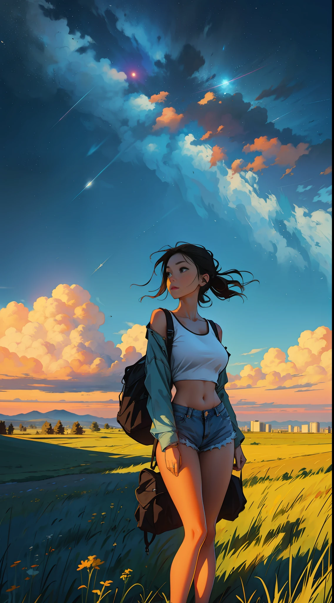 Vast sky, beautiful skyline, large grassland, strong tension and dramatic picture, moving visual effects, hanging North Star, colorful natural light. A girl with long sleeves top, denim shorts, full breasts and hips, and a backpack