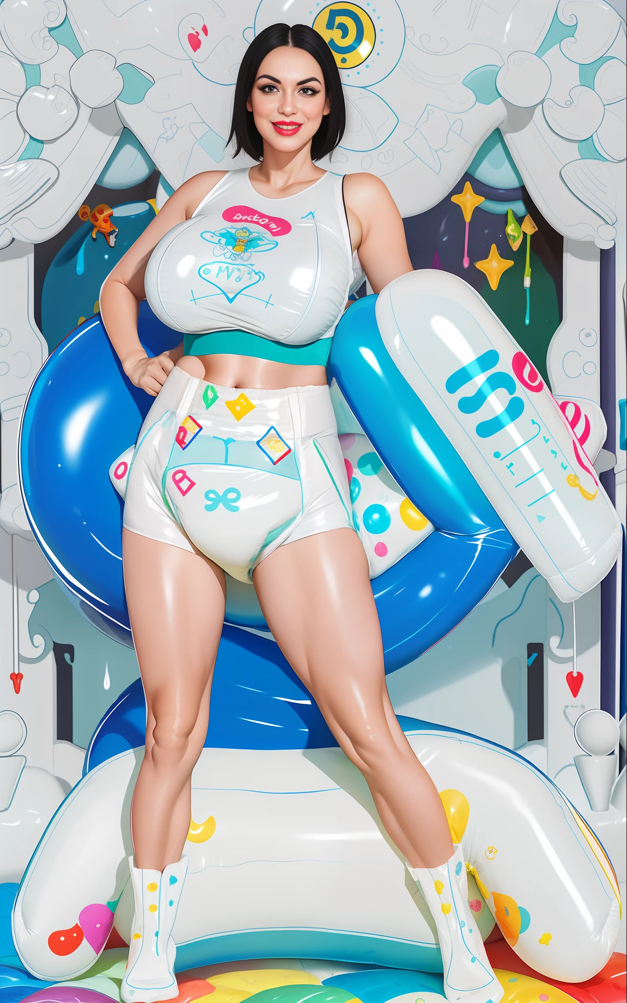 ABDL, (diaper lover), ((Sexy)) busty woman wearing (huge diaper), (magical), colorful, detailed, huge breasts, wide hips, seductive, bokeh, ((latex)), (in a bedroom), cute, white teeth, (pool inflatables),
