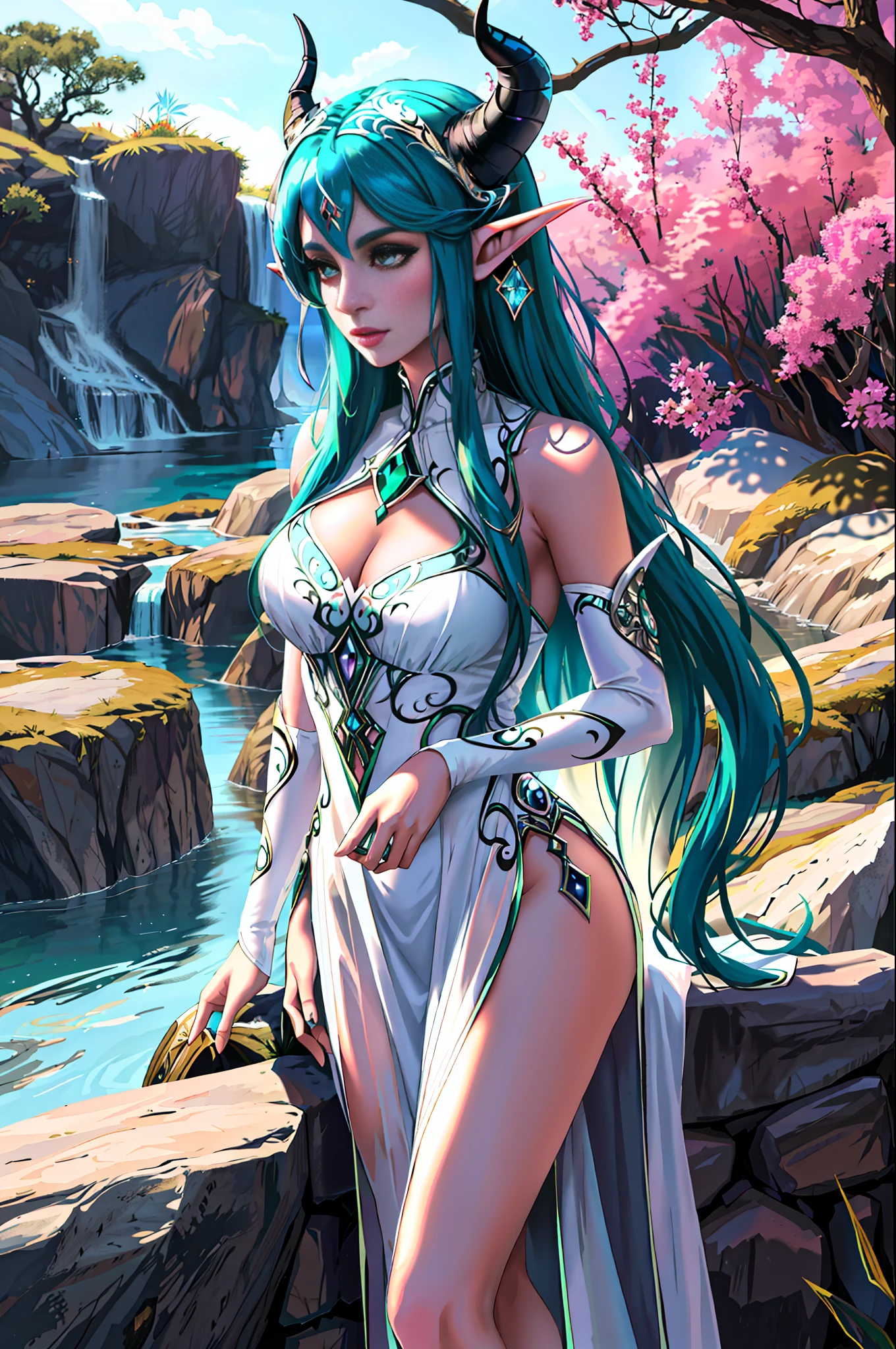 tyrande whisperwind, elegant elf woman, beautiful, high definition artwork, realistic, tiefling woman, 1girl, black dragon horns, black dragon tail, outdoors, nature, plants, demon horns, soft colours, soft colors, high detail, white revealing dress, high detailed face, beautiful face, gentle, tiefling horns, sheer dress