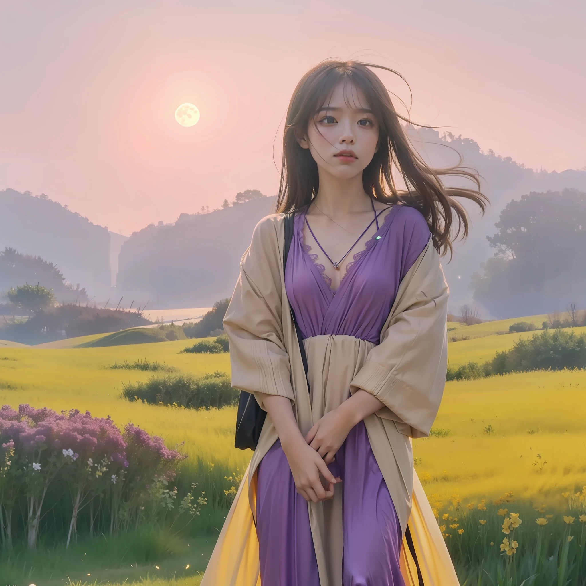 Vast landscape photos, (from below, the sky above, open fields below), a girl standing on a flower field looking up, (Full Moon: 1.2), (Meteor: 0.9), (Nebula: 1.3), Distant Mountains, Trees BREAK Making Art, (Warm Light Source: 1.2), (Firefly: 1.2), Lights, Lots of Purple and Orange, Intricate Details, Volume Lighting BREAK (Masterpiece: 1.2), (Best Quality), 4K, Ultra Detailed, (Dynamic Composition: 1.4), Detailed, Colorful, (Iridescent: 1.2), (Glow, Atmospheric Lighting), Dreamy, Magical, (Solo: 1.2), Slip Dress, Hanfu