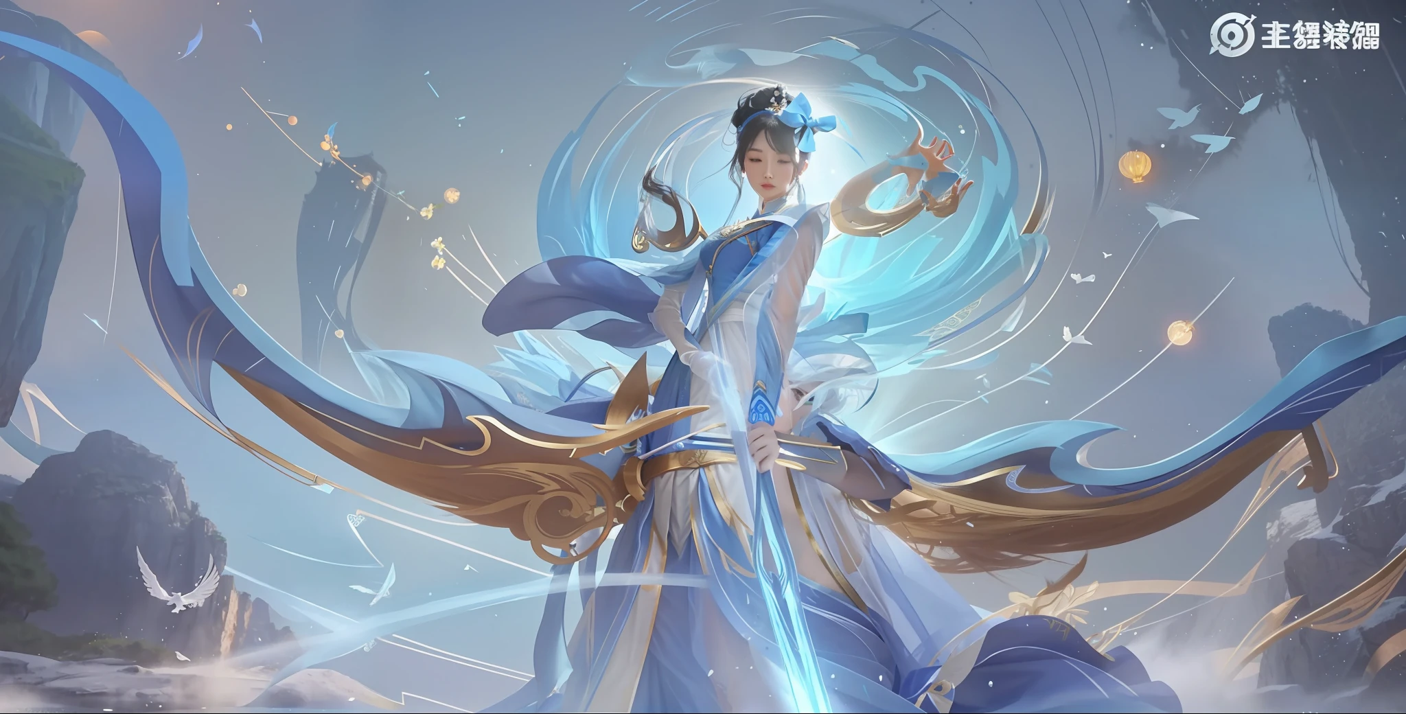 A woman in a blue dress with a blue and white bow and arrow in her hand seeks inspiration from Lan Ying and Huashan. The main features of beautiful celestial mages, water witches, and splash art with an emphasis on ultra-high quality and volumetric lighting. At the same time, water system mages and masterpiece elements are added to show the beauty of the scenery of Mount Hua. A girl, delicate face, body laser shot, 8k, intricate details,