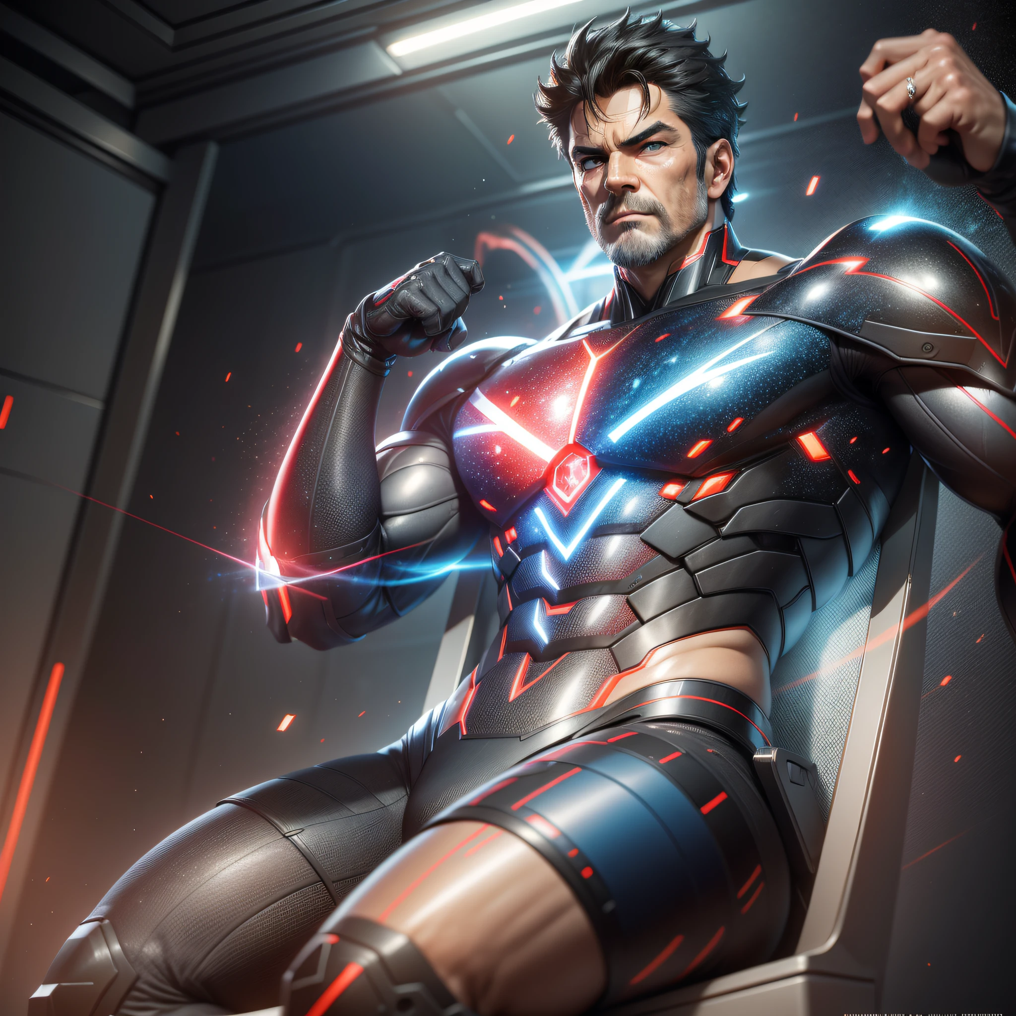 Full body portrait, gaze at the viewer, a handsome mature man, muscular, sitting, bare upper body, black hair, short stubble, wearing black socks, blue eyes, red particle light effects surrounding, ray tracing, ultra HD, super detail, wallpaper, 4k, Tokyo, Japanese animation, , finer background, ray tracing, fine particle light effects