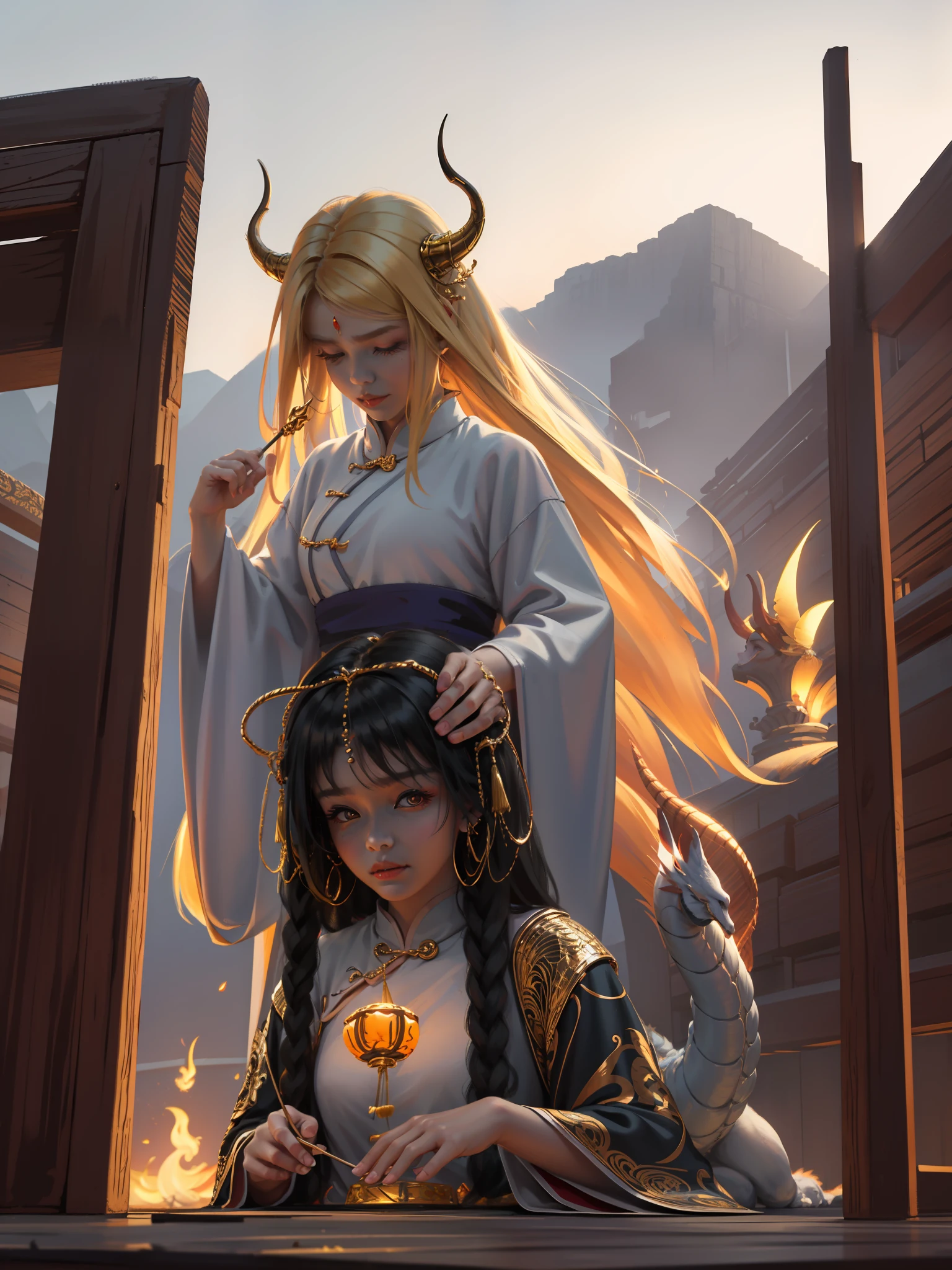 Ultra-clear, fine, a Chinese dragon surrounds the girl, the girl crosses to cast spells, the girl has dragon horns and golden hair ornaments on her head, Han clothes, natural light