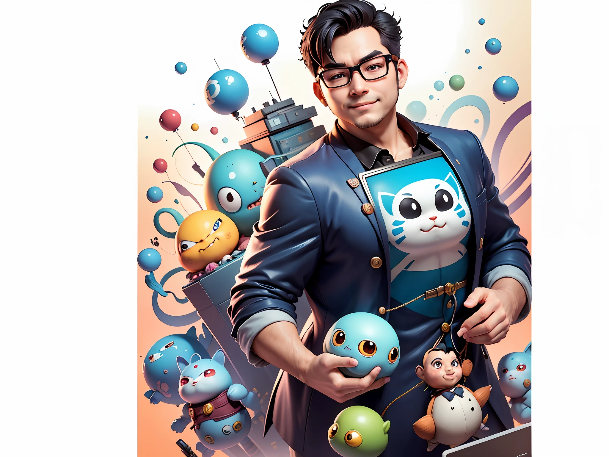 Masterpiece), (Excellent), (Super Meticulous), (Full Body: 1.2), Super Young Woman, Beautiful, Sexy, Bursting, Oriental Face, TV Anchor, Bust Portrait Illustration, Alone, Black Suit, Blue Tie, Silver Glasses, Slightly Chubby Face, Very Clean Face, No Beard, Black Super Short Hair, Black Eyes, Confident Smile, 3c Computer Sub-Products, iPad, iPhone, Digital Painting, 3D Character Design by Akira Toriyama with Mark Claireden and Pixar and Hayao Miyazaki, The illustration is a high-definition illustration in 4K resolution with very detailed facial features and cartoon-style visuals.