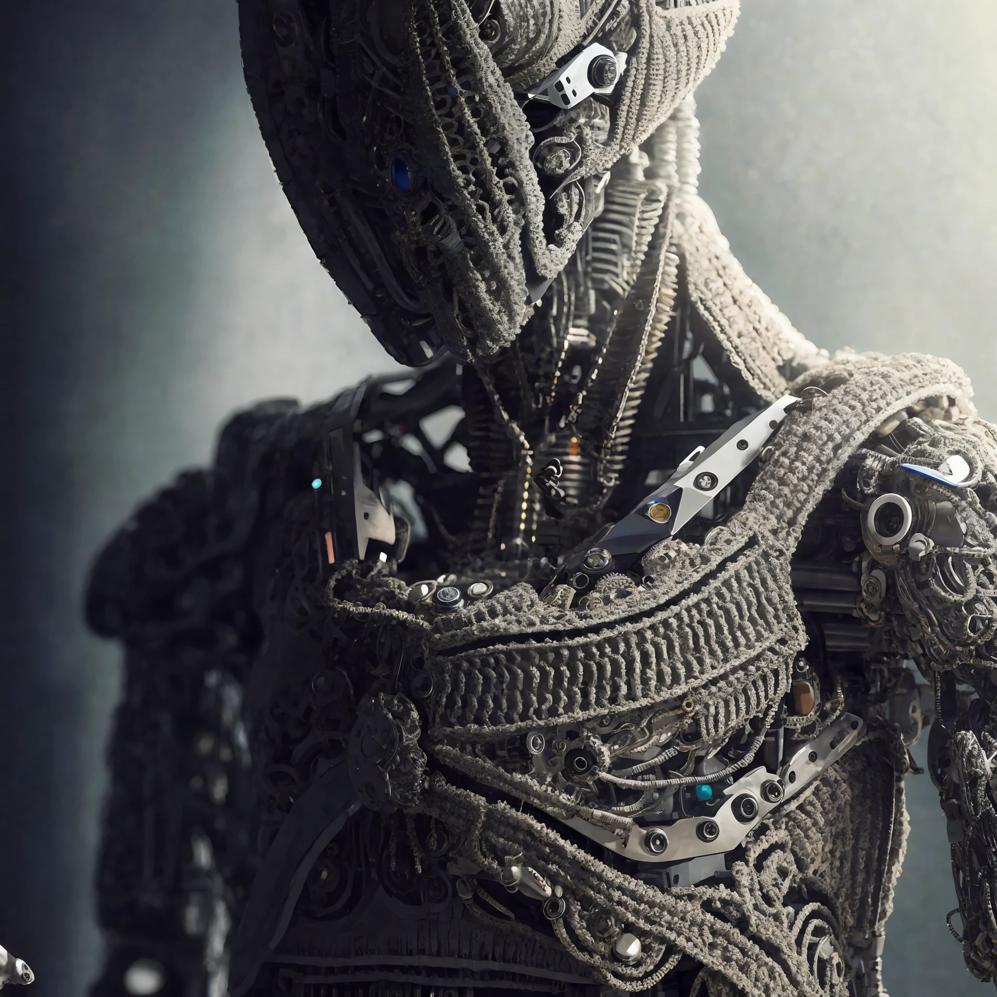 There is a robot that is wearing a crochet costume, intricate cyborg, intricate trans-human, intricate mechanical body, detailed humanoid, highly detailed cybernetic body, intricate cyborg armor, intricate art. octane render, cybernetic body, cybernetic and highly detailed, biomechanical clothing, intricate body, intricate cyberpunk armor, cybernetic body parts, fashion photography, fashion