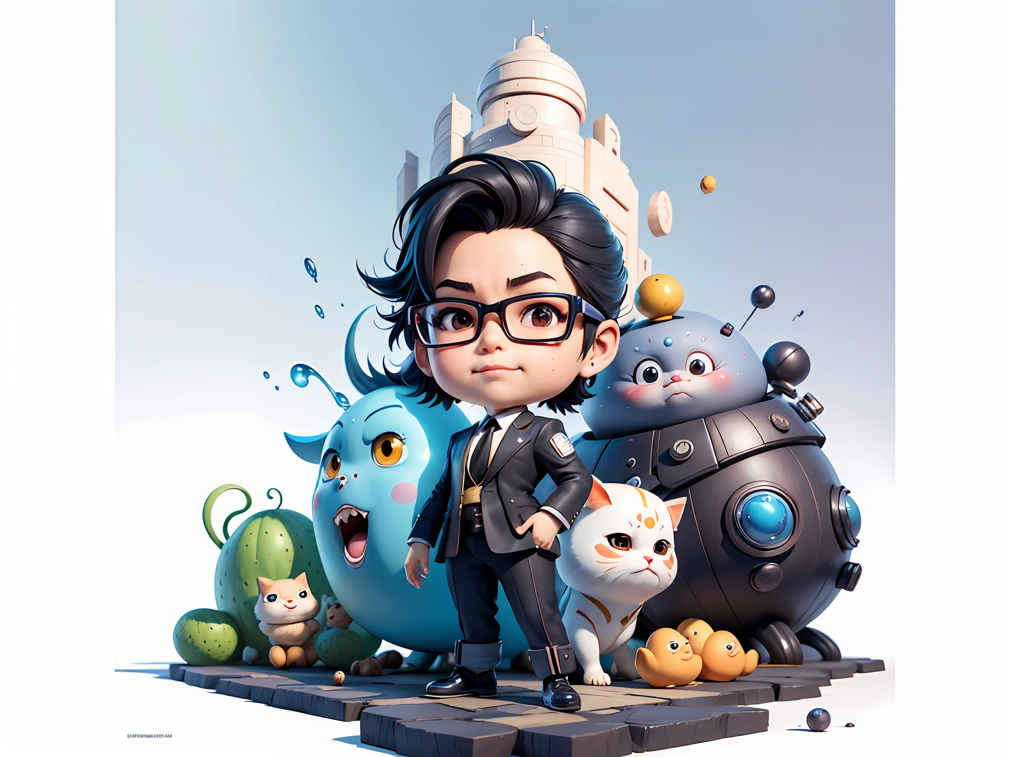 Masterpiece), (Excellent), (Super Meticulous), (Full Body: 1.2), Super Young Woman, Beautiful, Sexy, Bursting, Oriental Face, TV Anchor, Bust Portrait Illustration, Alone, Black Suit, Blue Tie, Silver Glasses, Slightly Chubby Face, Very Clean Face, No Beard, Black Super Short Hair, Black Eyes, Confident Smile, 3c Computer Sub-Products, iPad, iPhone, Digital Painting, 3D Character Design by Akira Toriyama with Mark Claireden and Pixar and Hayao Miyazaki, The illustration is a high-definition illustration in 4K resolution with very detailed facial features and cartoon-style visuals.