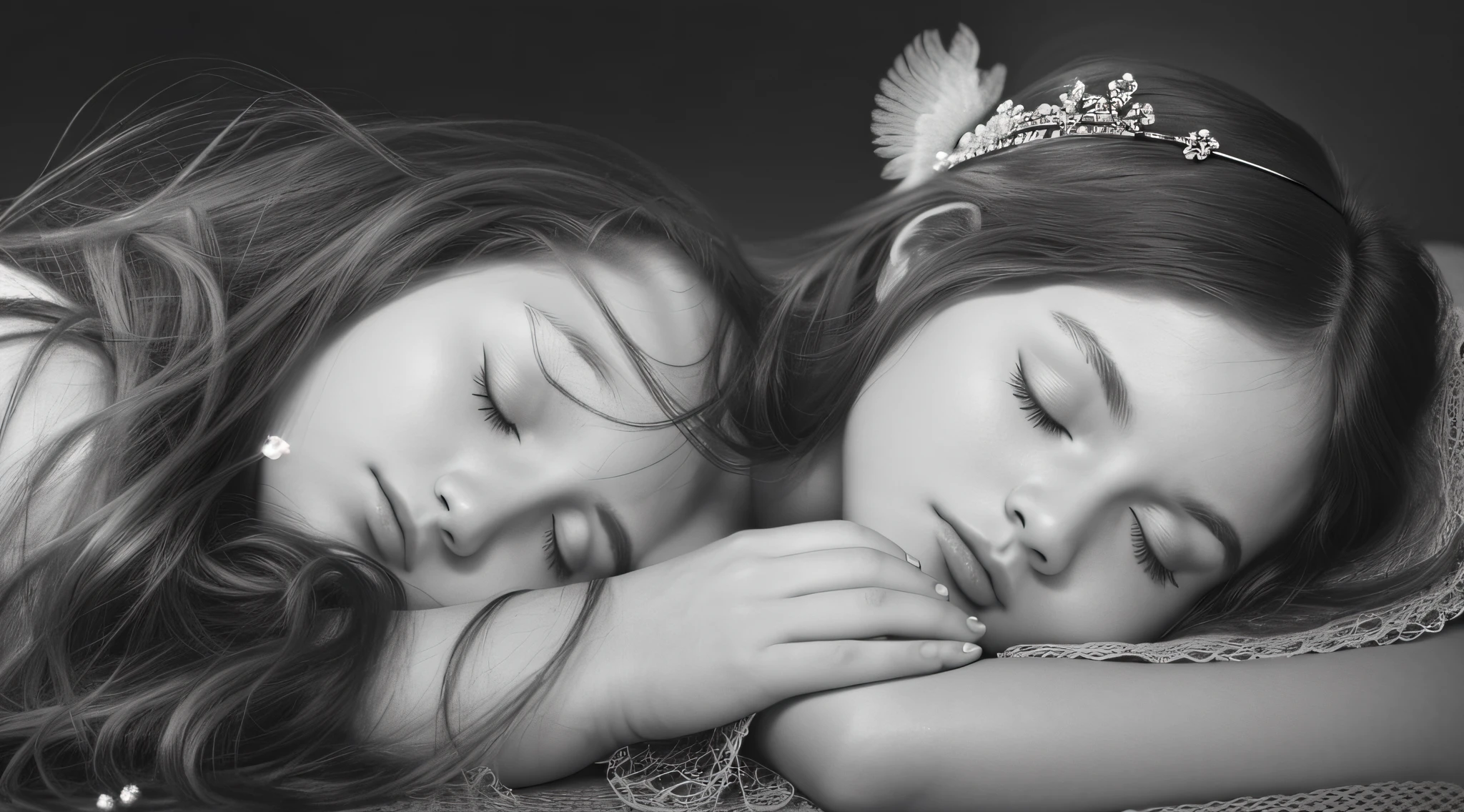 CHILD woman with a headband and closed eyes, sleepy fashion model face, dreaming face, peaceful face, beautiful languid princess, peaceful expression, taylor swift as a celestial angel, black and white portrait, p&m photo, sleeping princess!!!!, sleepy, head resting on hands, with eyes closed, black and white portrait, solemn expression