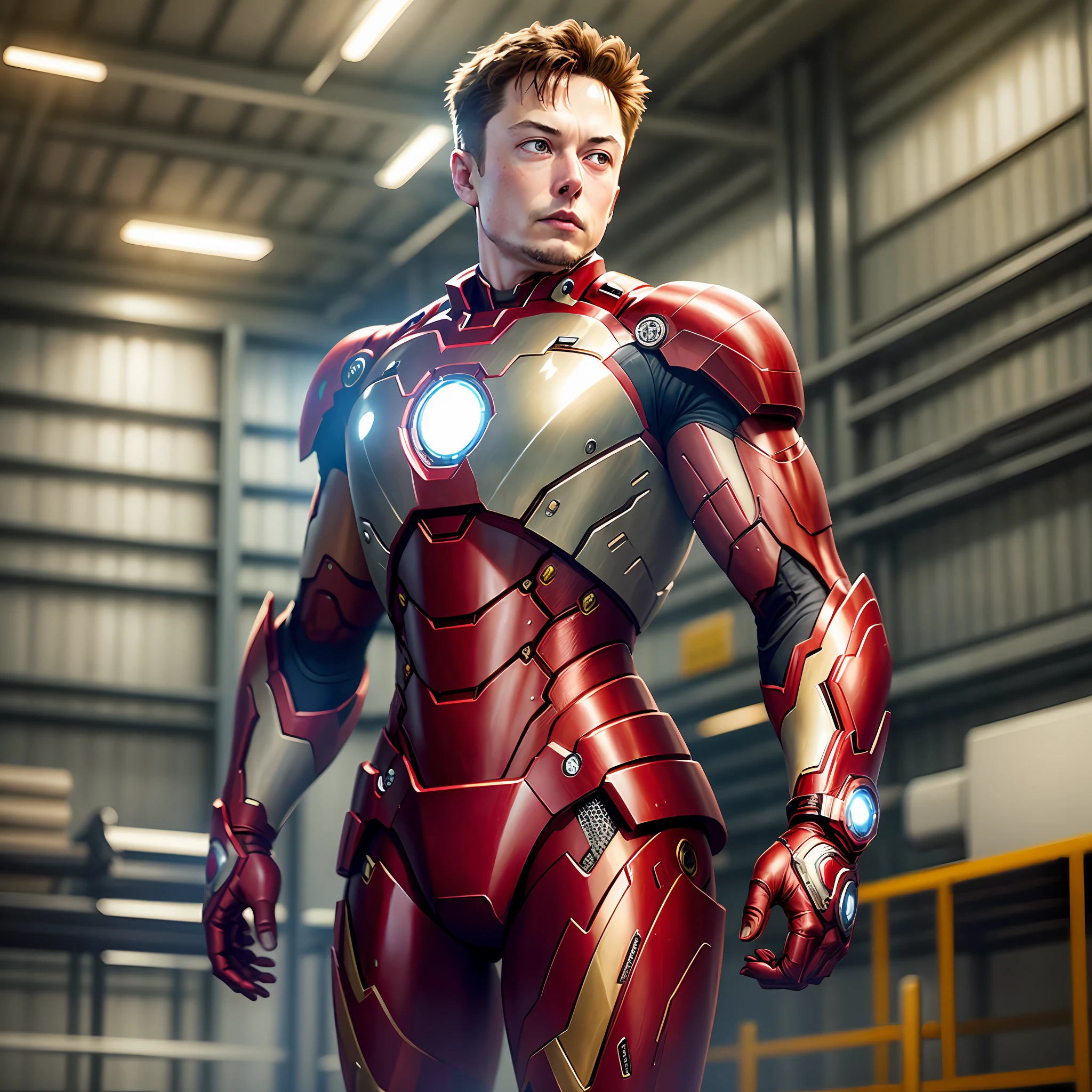 Elon Musk wearing the Iron-man Armor inside a SpaceX warehouse, Hyper Realistic, Incredibly Detailed, Perfectly Correct Anatomy --auto --s2