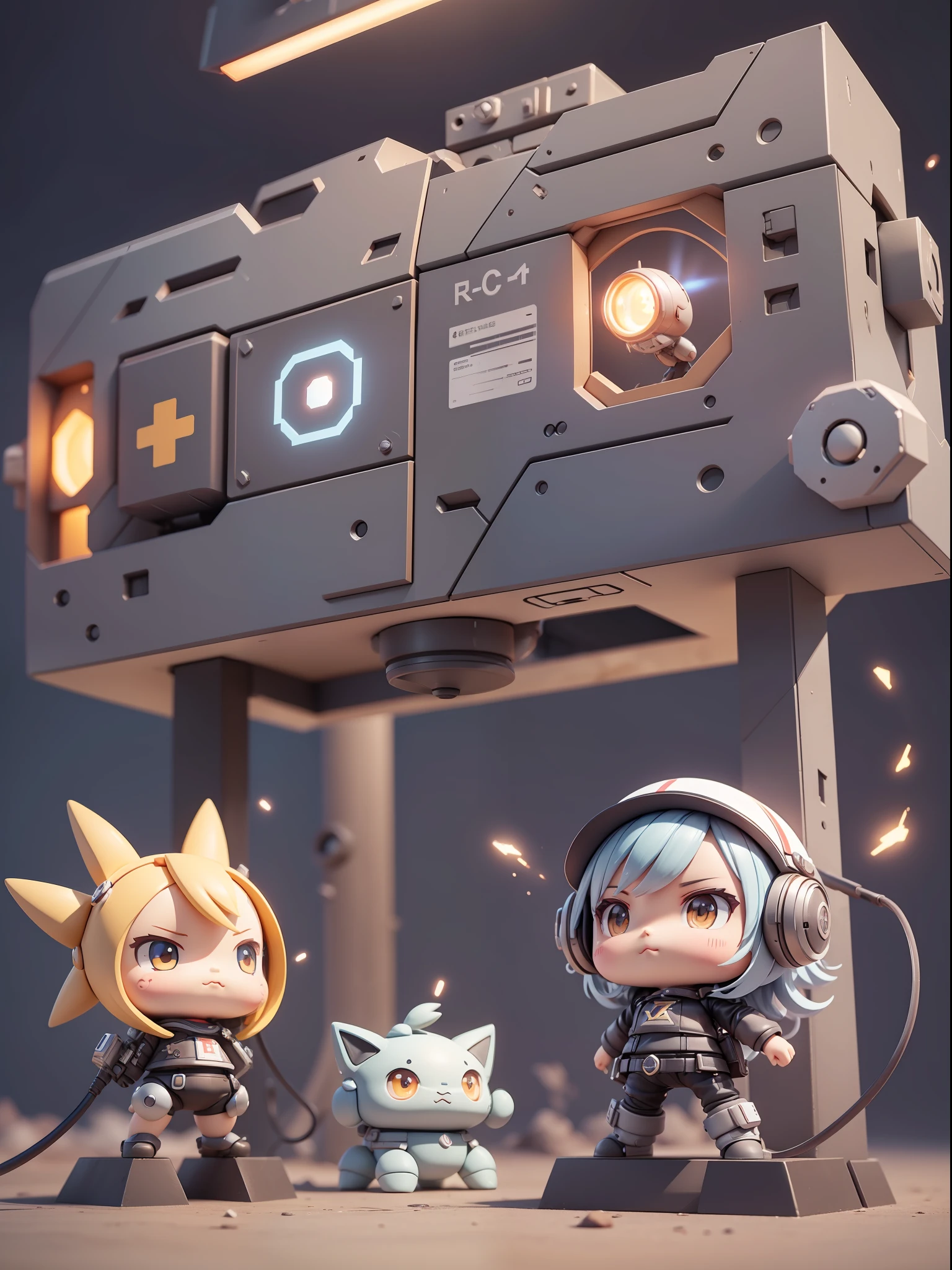 (Machine Factory: 1.331), (Mechanical Casemate), Cute Style, Small, Big Head, 3D Rendering, ((Q Version)), Pokémon Style, Machine Style, Cinematic Texture, Figures, Pokémon, Movie Lighting, Mechanical, Background Surround Lightning, Spinning, Colorful Light, Lightning, Cool, Clean White Background, Ray Tracing, Quality Colors, Full Body 3D Model, Action, Stylish Blind Box Toys. (fill body:1.2),chibi