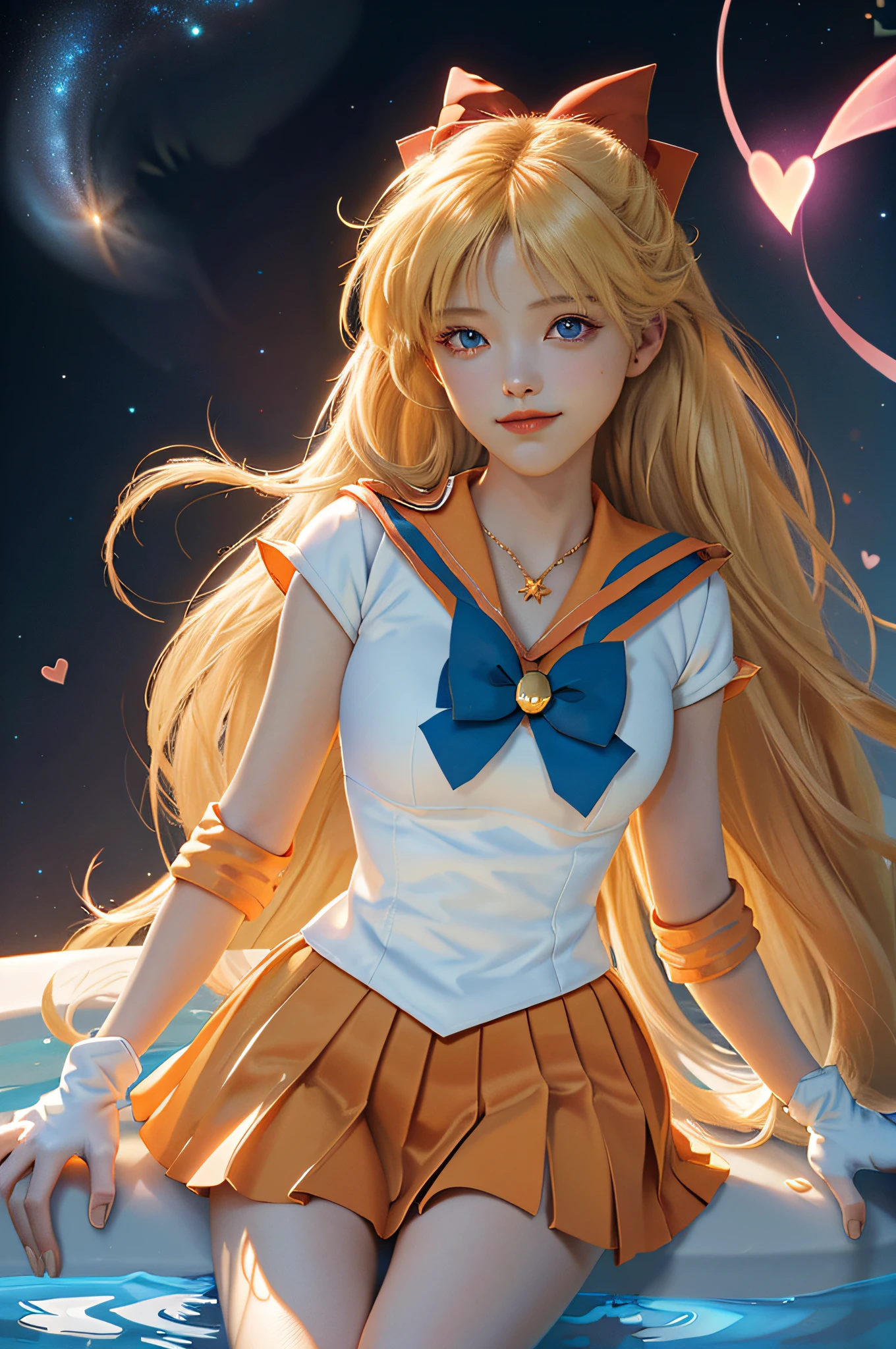 (Masterpiece, best quality; 1.3), extremely detailed CG, super detailed, 1 girl, solo, smile, look at the audience, stylish Ungle, long blonde hair, blue eyes, SV1, sailor senishi uniform, orange skirt, elbow gloves, tiara, orange sailor collar, red bow, orange necklace, white gloves, jewelry, many hearts, facial focus, venus, tornado, abstract background, heart storm, halt beam, heart bubble, heart bath, halt star, heart flower, heart lamp, heart world, heart background, galaxy background, heart weapon, heart halo,