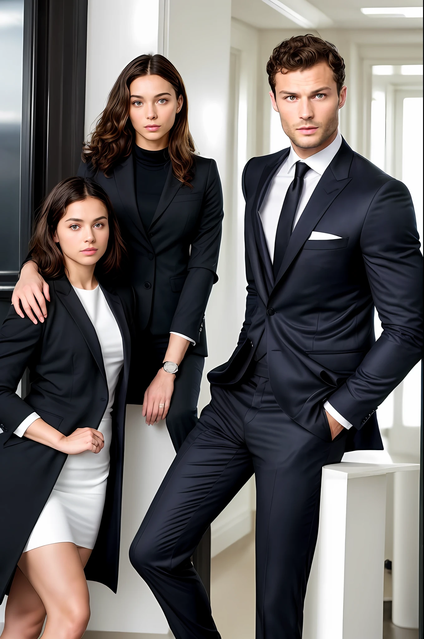 ((half body)) Photo RAW Ceo Man in Movie 007 ), wearing black suit, doing model pose, (wearing Dark Beard) movie scene, (Impeccable), tanned and curly body, Serious and elegant man, Actor Jamie Dornan, with thick male eyebrows, secret agent 007 man style, (with mysterious and serious face,) short dark hair, elegant and elegant, body fit and strong fit in suit, Man similar to actor Jamie Dornan, ( high quality and realistic image), ((Best Quality, 8k, Masterpiece). Picture of a couple with a 17-year-old trainee secretary. White. Sexy. Naive. Innocent.