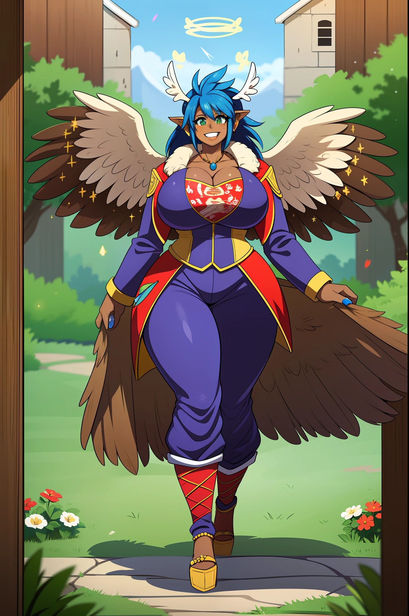 monster girl, dark-skinned woman, big chest, wings, happy,, coat jacket, pants, portrait, 1character, full body, walking, long dress, medieval, village, farm, angel halo, forest,