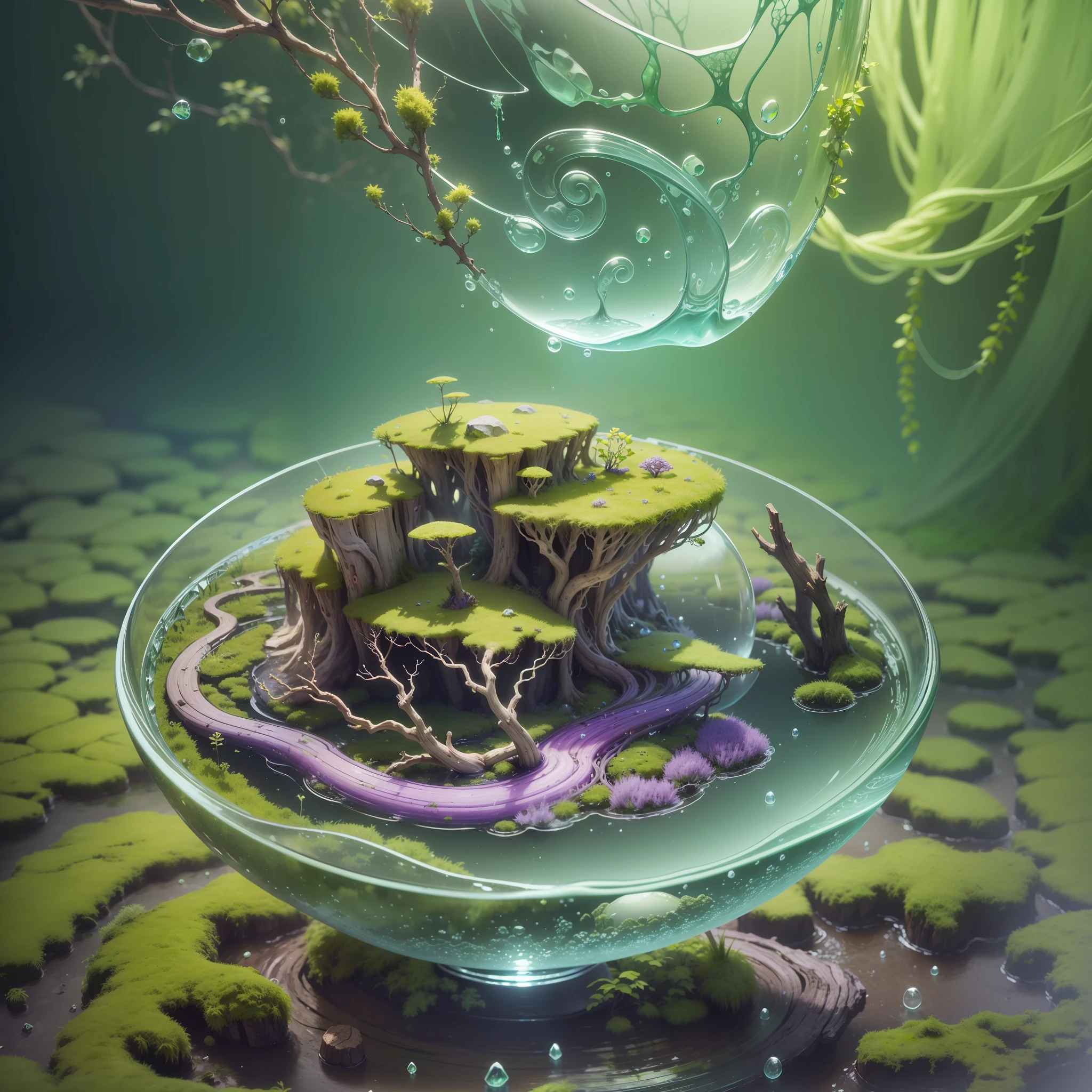 Computer Visualized Graphics, Realistic Fantasy, Extensive Landscape Ultrasound Photography (general view showing a glass glass, roots braiding the glass, a garden of large and small, driftwood, moss), blurred background, gloomy, yellow, green, purple background, pink, warm, magic