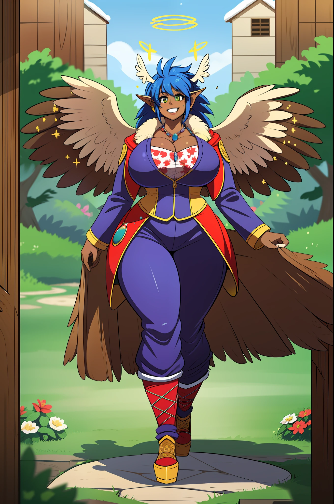 monster girl, dark-skinned woman, big chest, wings, happy,, coat jacket, pants, portrait, 1character, full body, walking, long dress, medieval, village, farm, angel halo, forest,