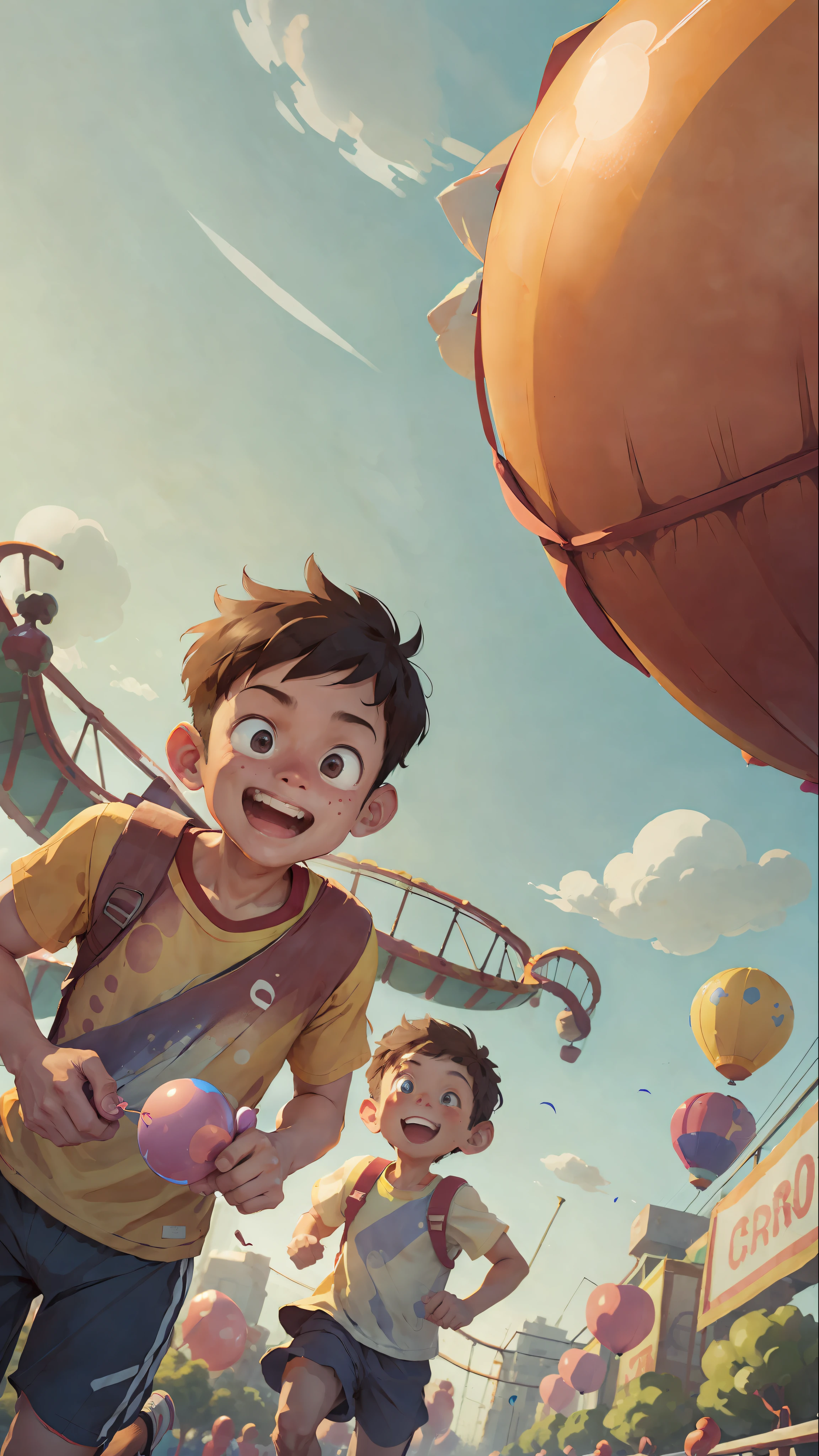 (SFW), two running boys, amusement park, holding balloons, happy, happy, perfect quality, clear focus, colorful, perfect face, intricate details, ultra-low viewing angle, wide angle lens --v 6