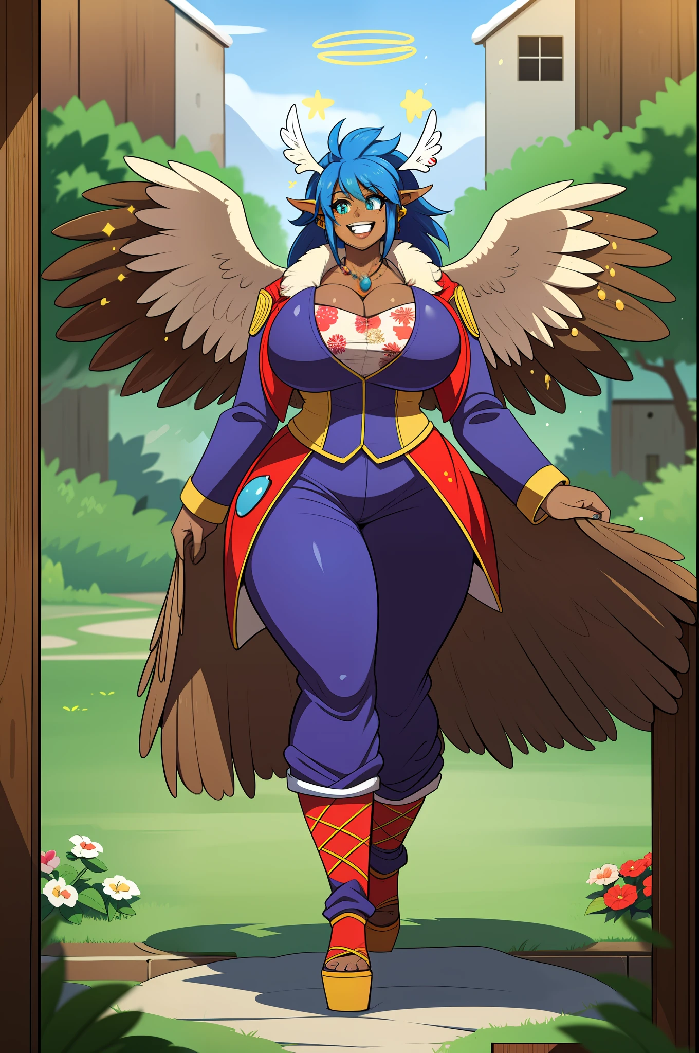 monster girl, dark-skinned woman, big chest, wings, happy,, coat jacket, pants, portrait, 1character, full body, walking, long dress, medieval, village, farm, angel halo, forest,