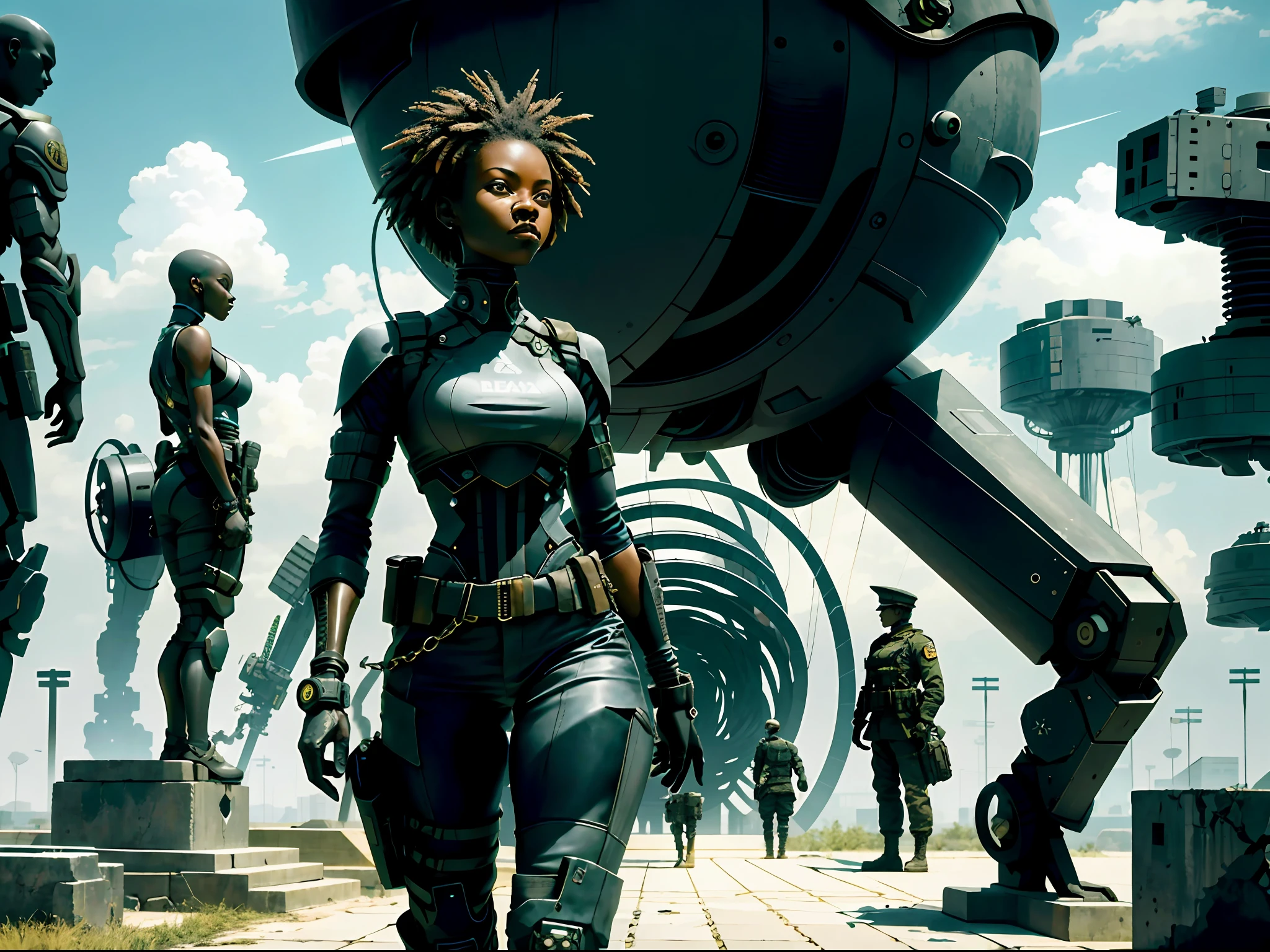 Ebony girl against the Machine, a young ebony girl. A military prodigy, utterly ruthless, reached the height of power. She stood atop a massive concrete platform, encircled by gigantic and ominous statues of war machines and soldiers, surveying the vast expanse of Machine. The atmosphere was charged with a blend of fear and admiration as her loyal subordinates gazed up at her with reverence. The lighting was dim and sombre, with razor-sharp shadows cast by the sculptures and the faint radiance of streetlights. This ebony girl was illuminated by a solitary spotlight, accentuating her fierce countenance.