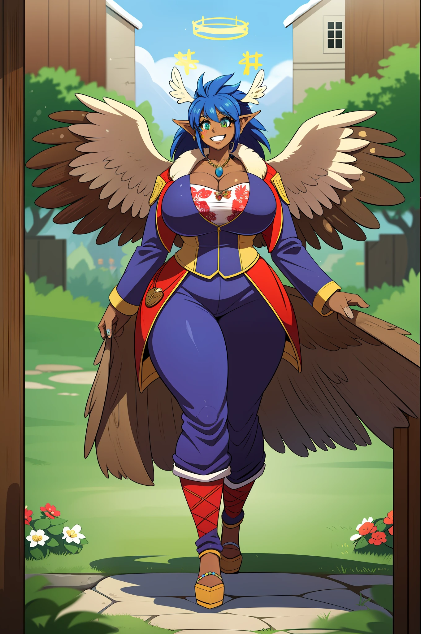 monster girl, dark-skinned woman, big chest, wings, happy,, coat jacket, pants, portrait, 1character, full body, walking, long dress, medieval, village, farm, angel halo, forest,