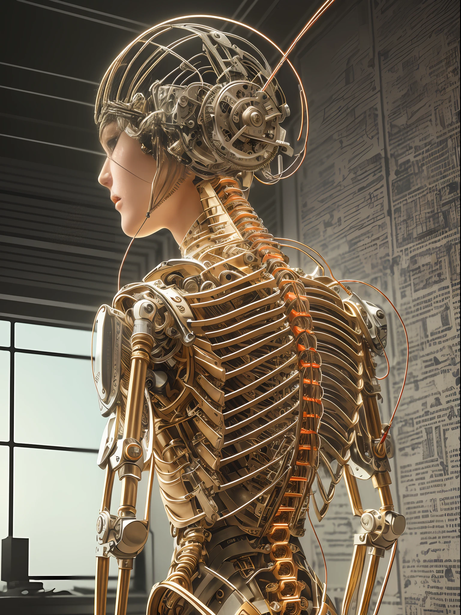 (((masterpiece))), ((best quality)), (ultra-detailed), (CG illustration), (an extremely tortuous and beautiful one)), cinematic light, ((1 mechanical boy)), simple, (machine-made joints: 1.4), ((mechanical limbs)), (blood vessels attached to tube), ((mechanical spine attached to back)), ((mechanical cervical vertebrae attached to neck), ((back to viewer)), furious, (wires and wires attached to head and body:  1.5), science fiction, apocalypse, ruins